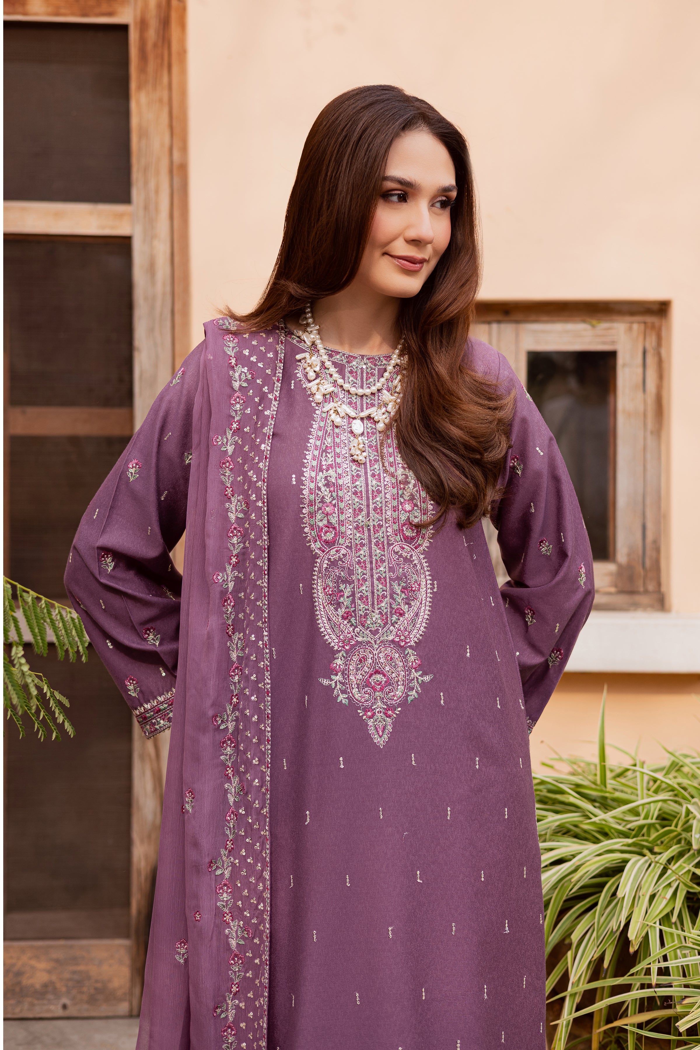 Neha 3Pc - Embroidered Festive Pret BATIK WINTER PRET 2025 BATIK XS / Mauve / Textured Cotton-S / Mauve / Textured Cotton-M / Mauve / Textured Cotton-L / Mauve / Textured Cotton-XL / Mauve / Textured Cotton