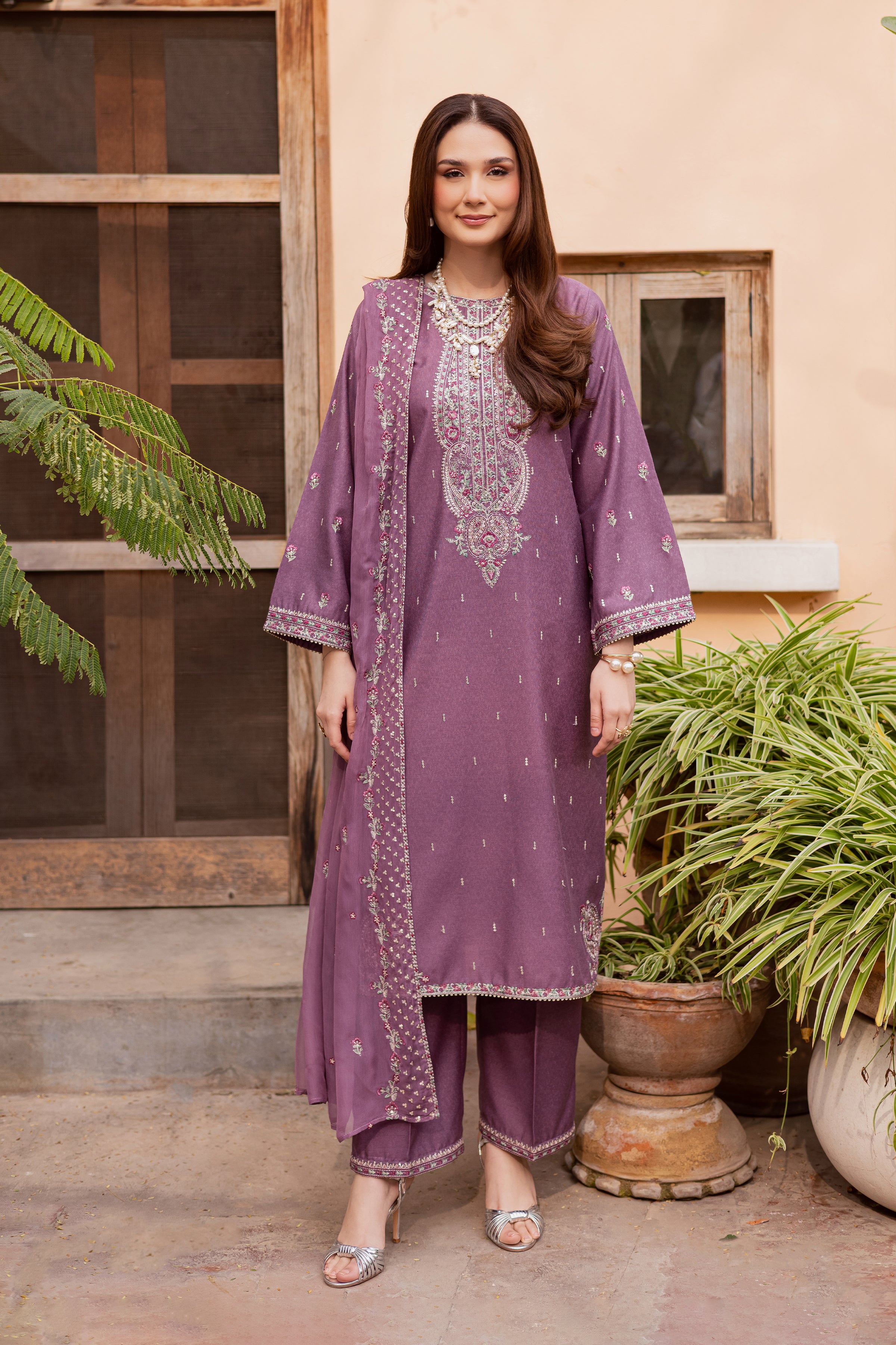 Neha 3Pc - Embroidered Festive Pret BATIK WINTER PRET 2025 BATIK XS / Mauve / Textured Cotton-S / Mauve / Textured Cotton-M / Mauve / Textured Cotton-L / Mauve / Textured Cotton-XL / Mauve / Textured Cotton