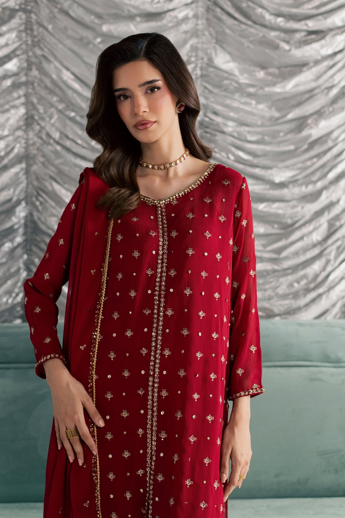 Nehan 3Pc - Festive Luxe Pret STUDIOLUXEAUG26 BATIK S / Red / Crinkle