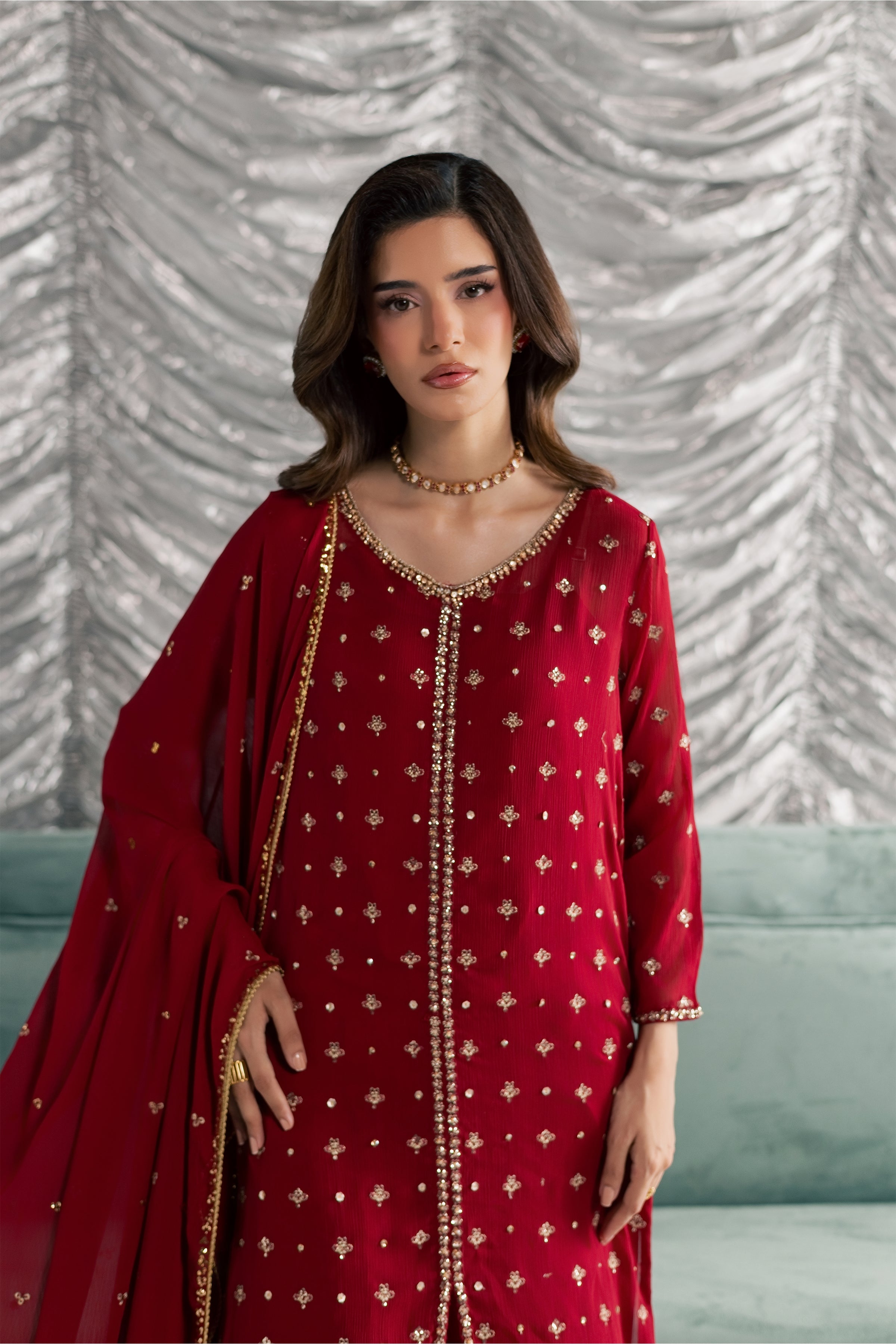 Nehan 3Pc - Festive Luxe Pret STUDIOLUXEAUG26 BATIK S / Red / Crinkle