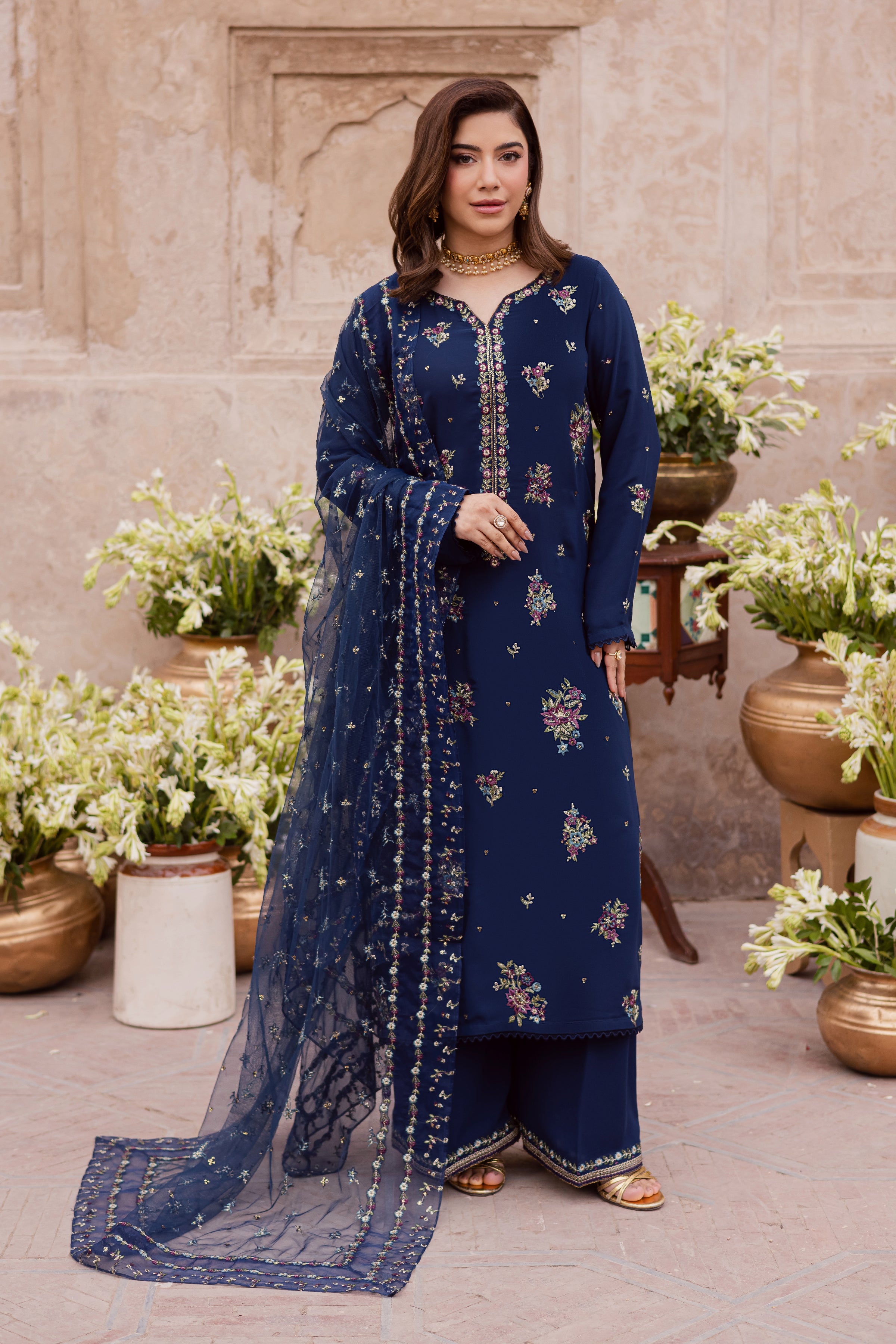 Neptune 3Pc - Festive Luxe Pret BATIKSTUDIO2025 BATIK S / Midnight Blue / Georgette-M / Midnight Blue / Georgette-L / Midnight Blue / Georgette