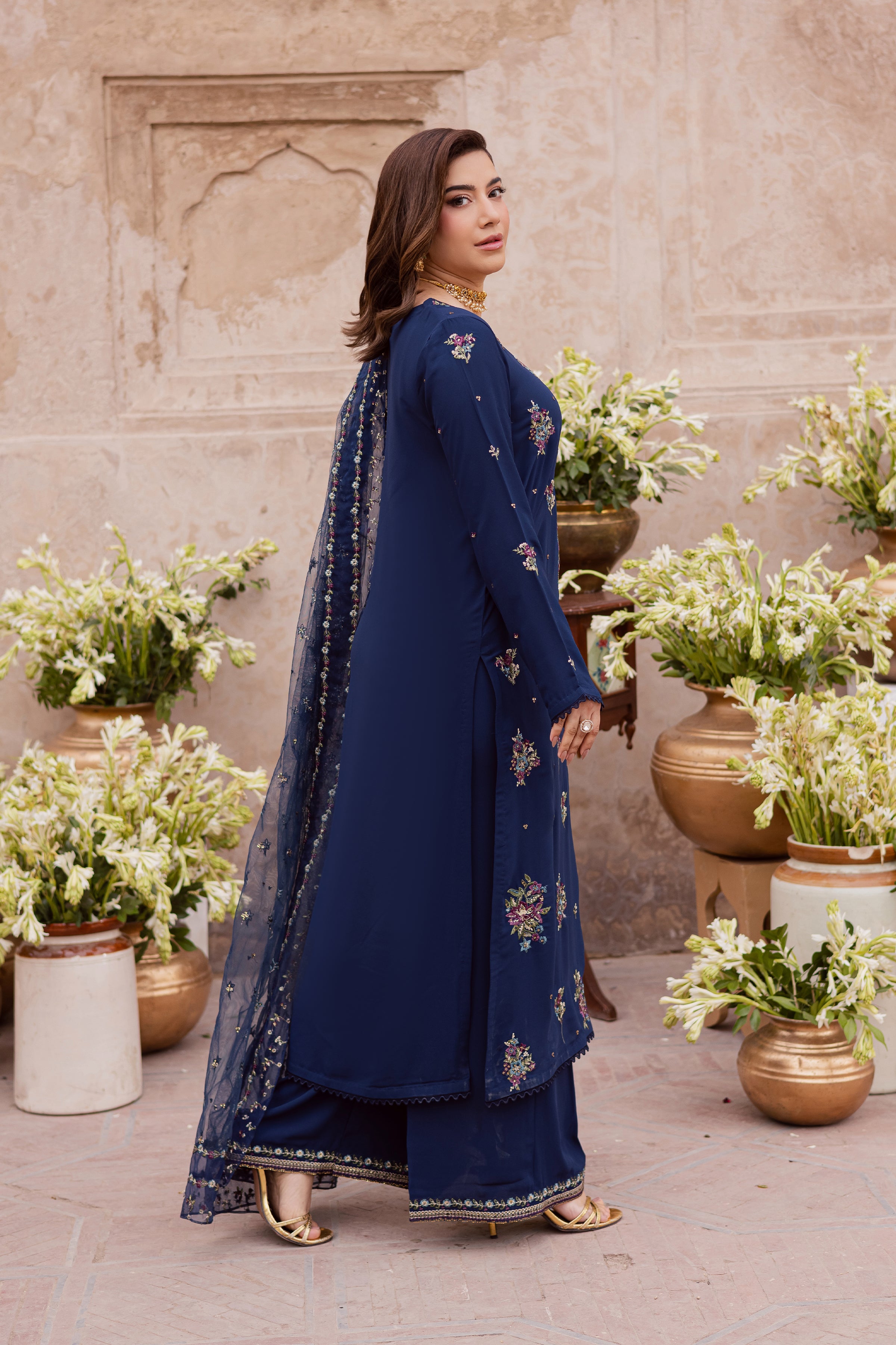 Neptune 3Pc - Festive Luxe Pret BATIKSTUDIO2025 BATIK S / Midnight Blue / Georgette-M / Midnight Blue / Georgette-L / Midnight Blue / Georgette