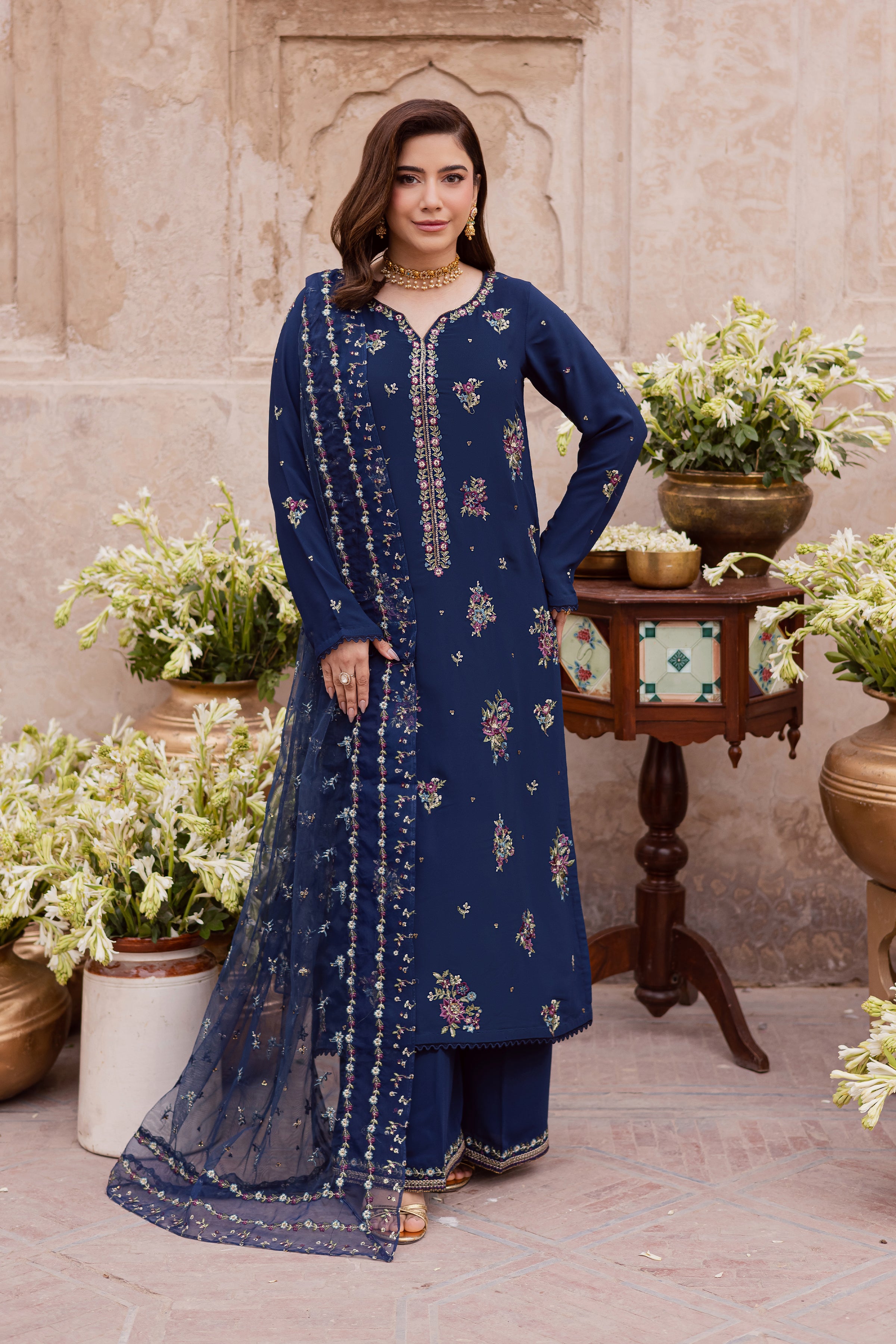 Neptune 3Pc - Festive Luxe Pret BATIKSTUDIO2025 BATIK S / Midnight Blue / Georgette-M / Midnight Blue / Georgette-L / Midnight Blue / Georgette