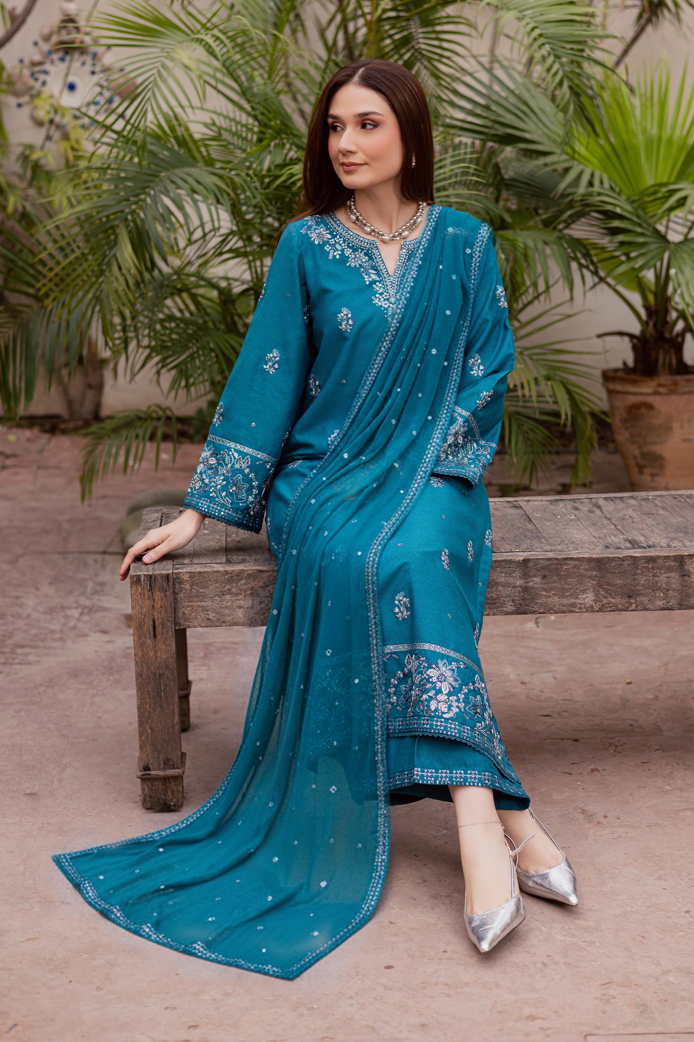 Nihal 3Pc - Embroidered Festive Pret BATIK WINTER PRET 2025 BATIK XS / Teal / Textured Cotton-S / Teal / Textured Cotton-M / Teal / Textured Cotton-L / Teal / Textured Cotton-XL / Teal / Textured Cotton