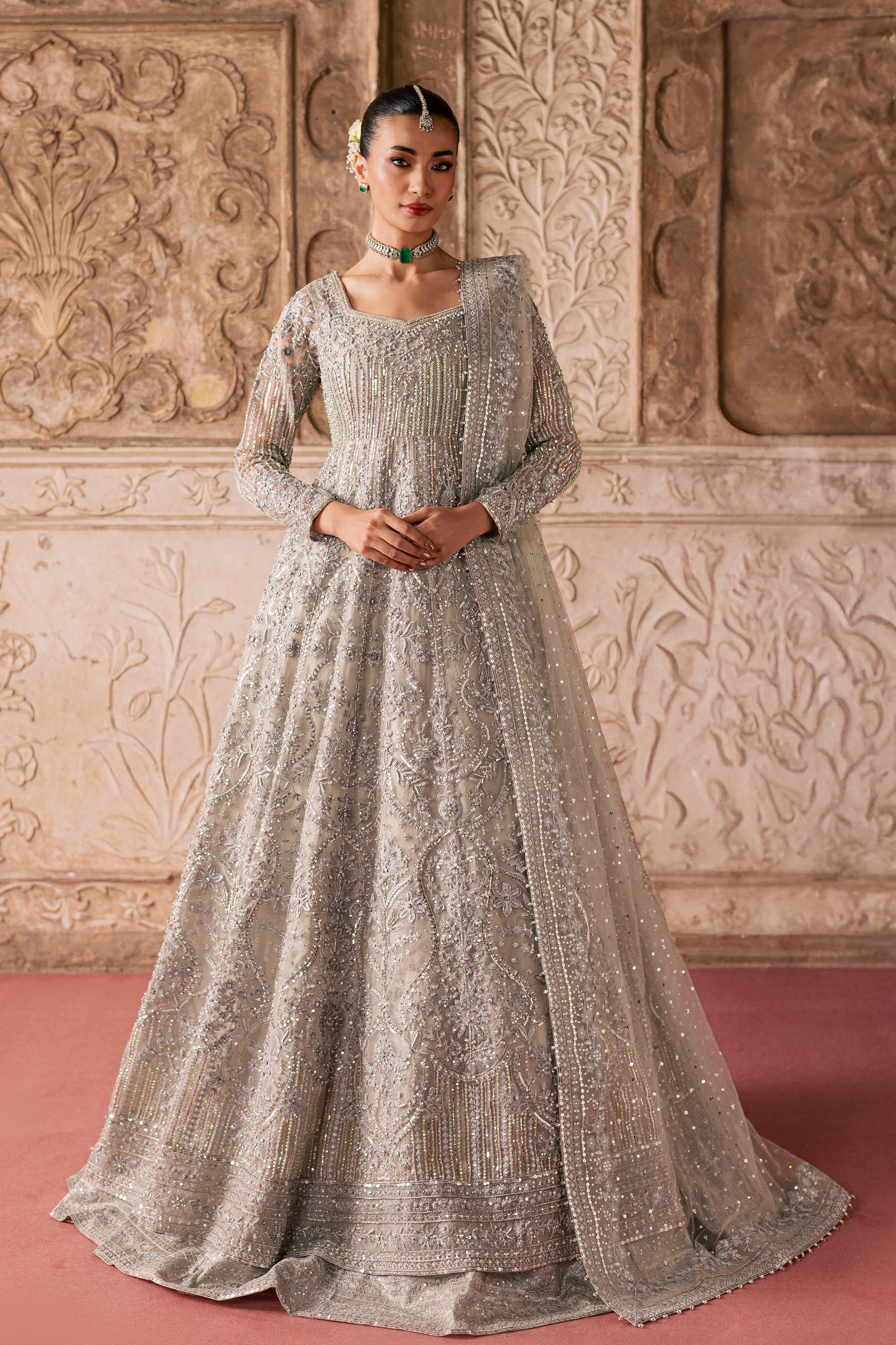 Noor e Sahar 3Pc - Bridal Dress BATIKSTUDIO2025 BATIK S / Silver / Organza-M / Silver / Organza-L / Silver / Organza