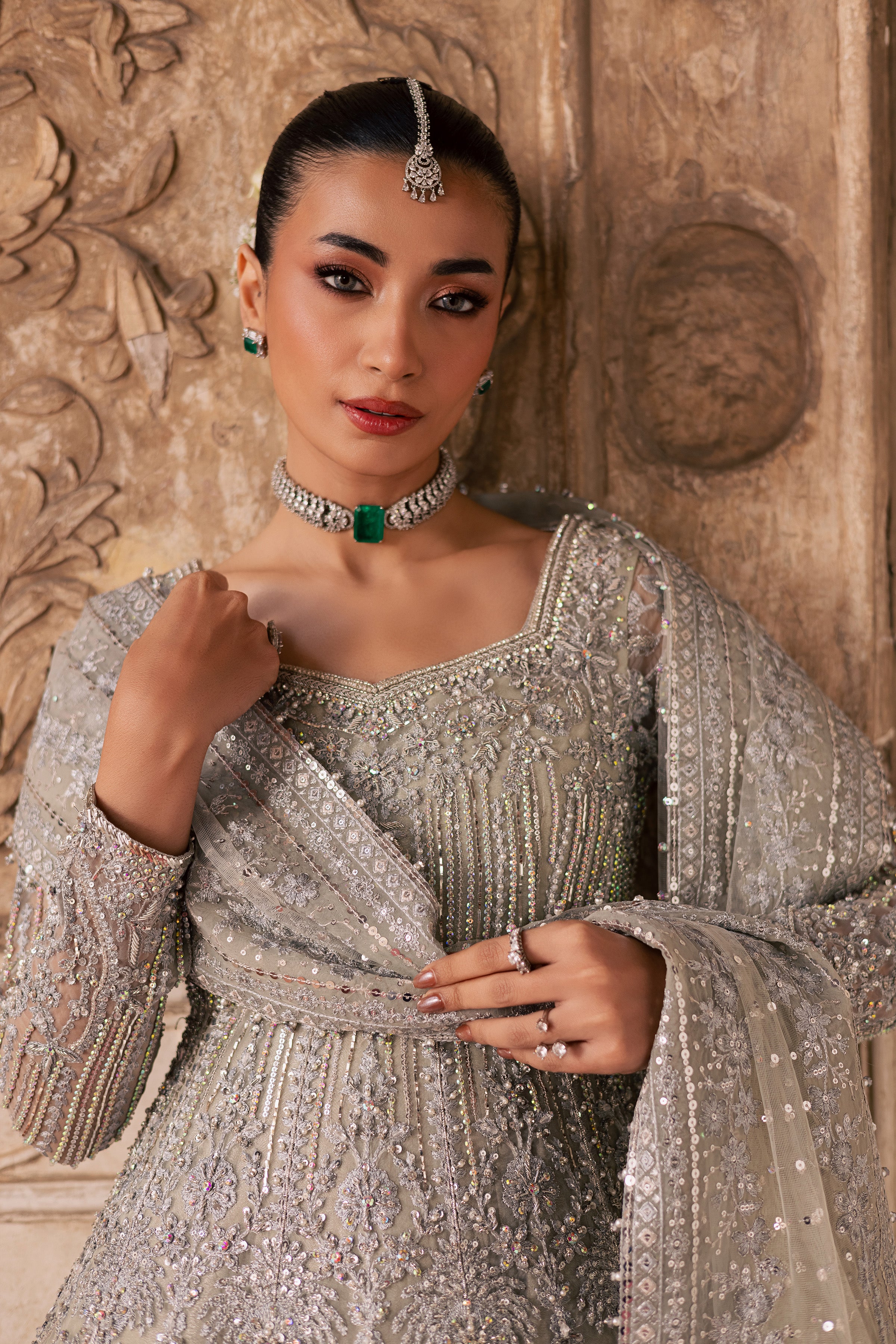 Noor e Sahar 3Pc - Bridal Dress BATIKSTUDIO2025 BATIK S / Silver / Organza-M / Silver / Organza-L / Silver / Organza