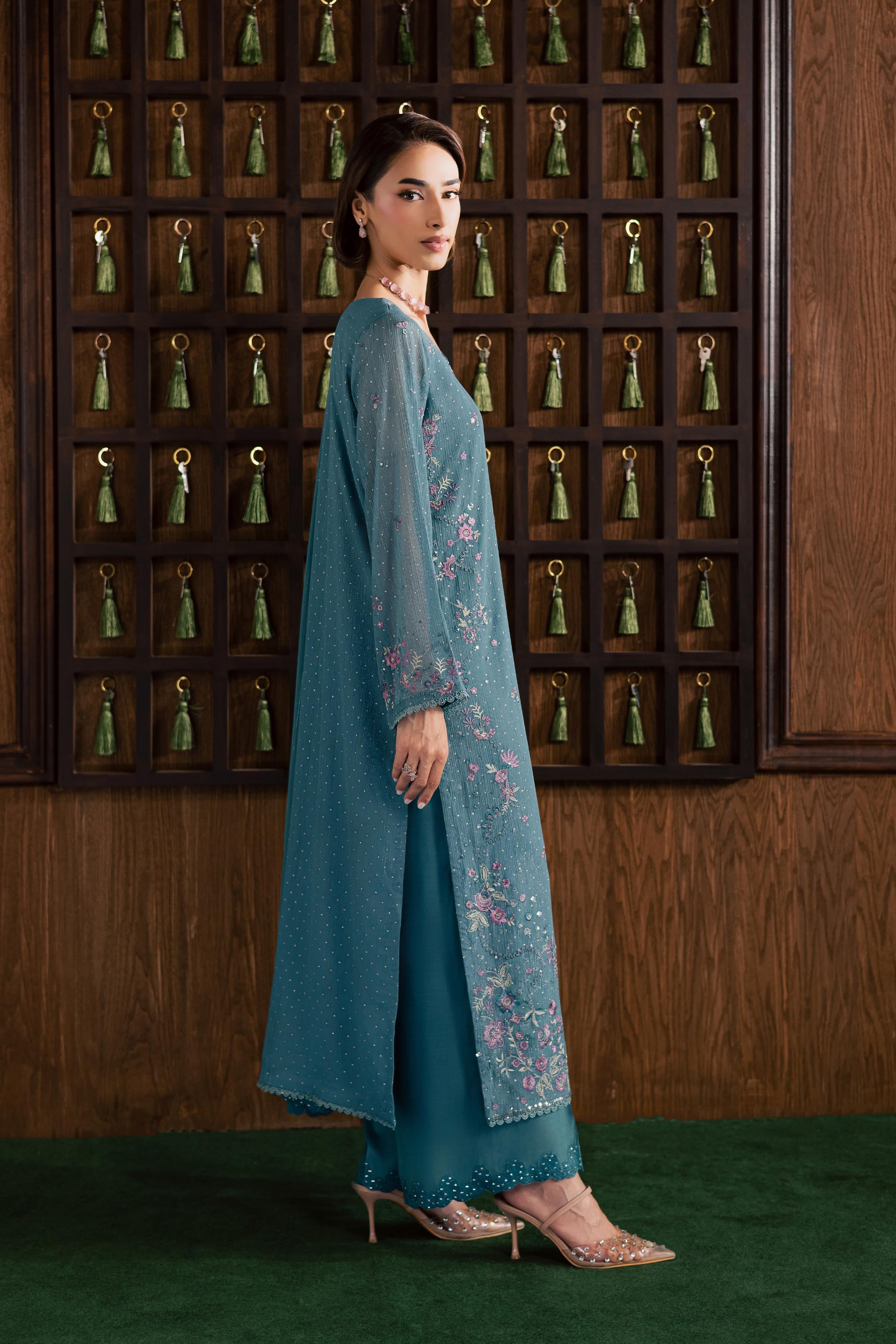 Noore 3Pc - Festive Luxury Formal BATIKSS26 BATIK S / Aqua / Zari Crinkle-M / Aqua / Zari Crinkle-L / Aqua / Zari Crinkle