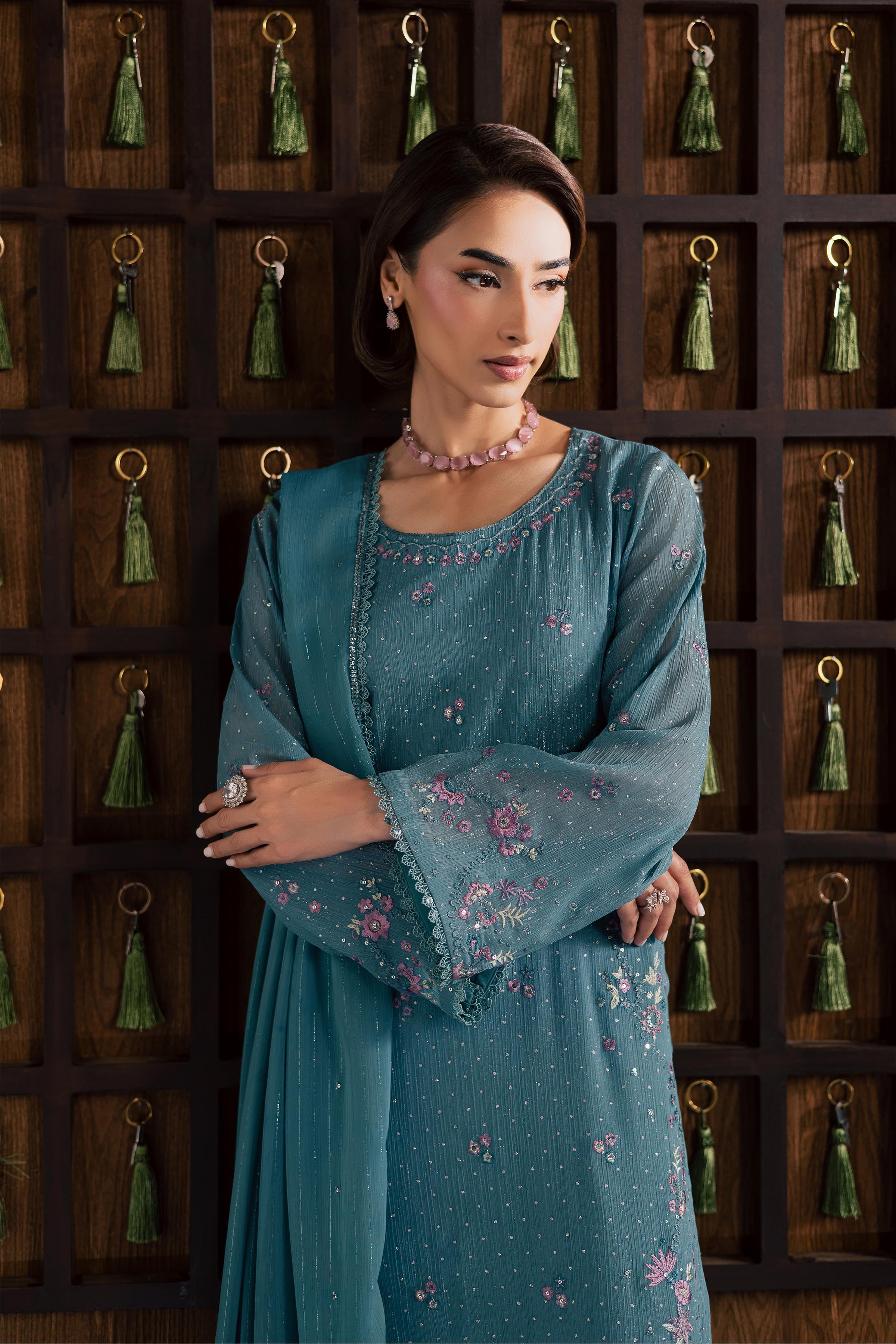 Noore 3Pc - Festive Luxury Formal BATIKSS26 BATIK S / Aqua / Zari Crinkle-M / Aqua / Zari Crinkle-L / Aqua / Zari Crinkle