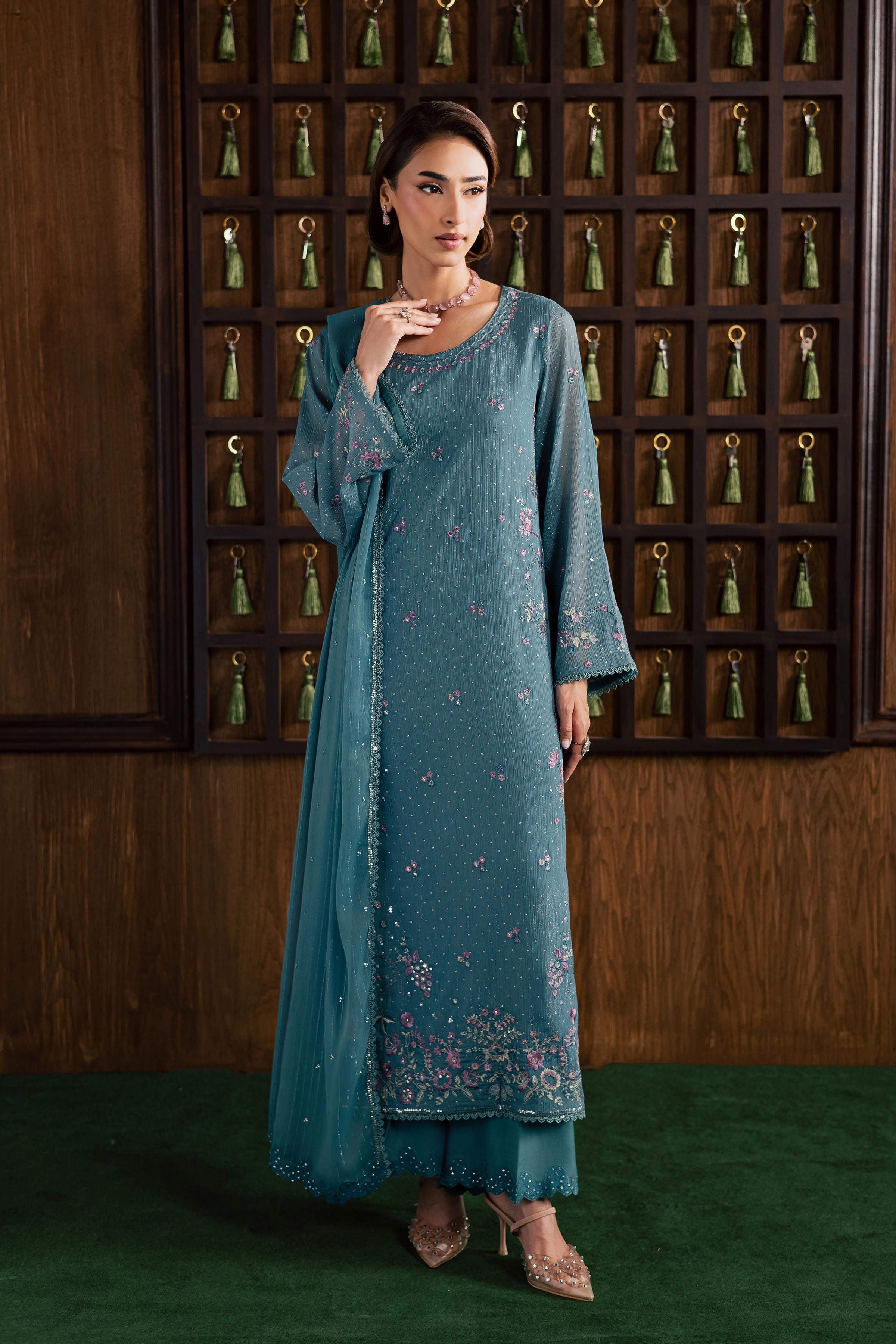 Noore 3Pc - Festive Luxury Formal BATIKSS26 BATIK S / Aqua / Zari Crinkle-M / Aqua / Zari Crinkle-L / Aqua / Zari Crinkle