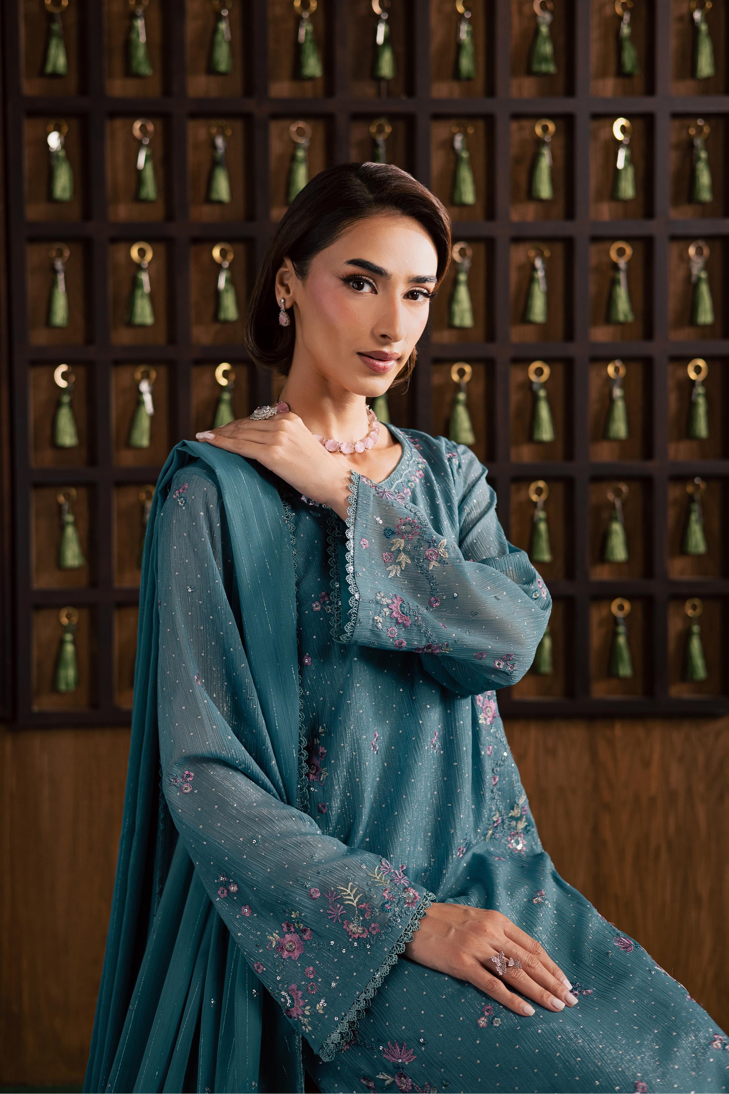 Noore 3Pc - Festive Luxury Formal BATIKSS26 BATIK S / Aqua / Zari Crinkle-M / Aqua / Zari Crinkle-L / Aqua / Zari Crinkle