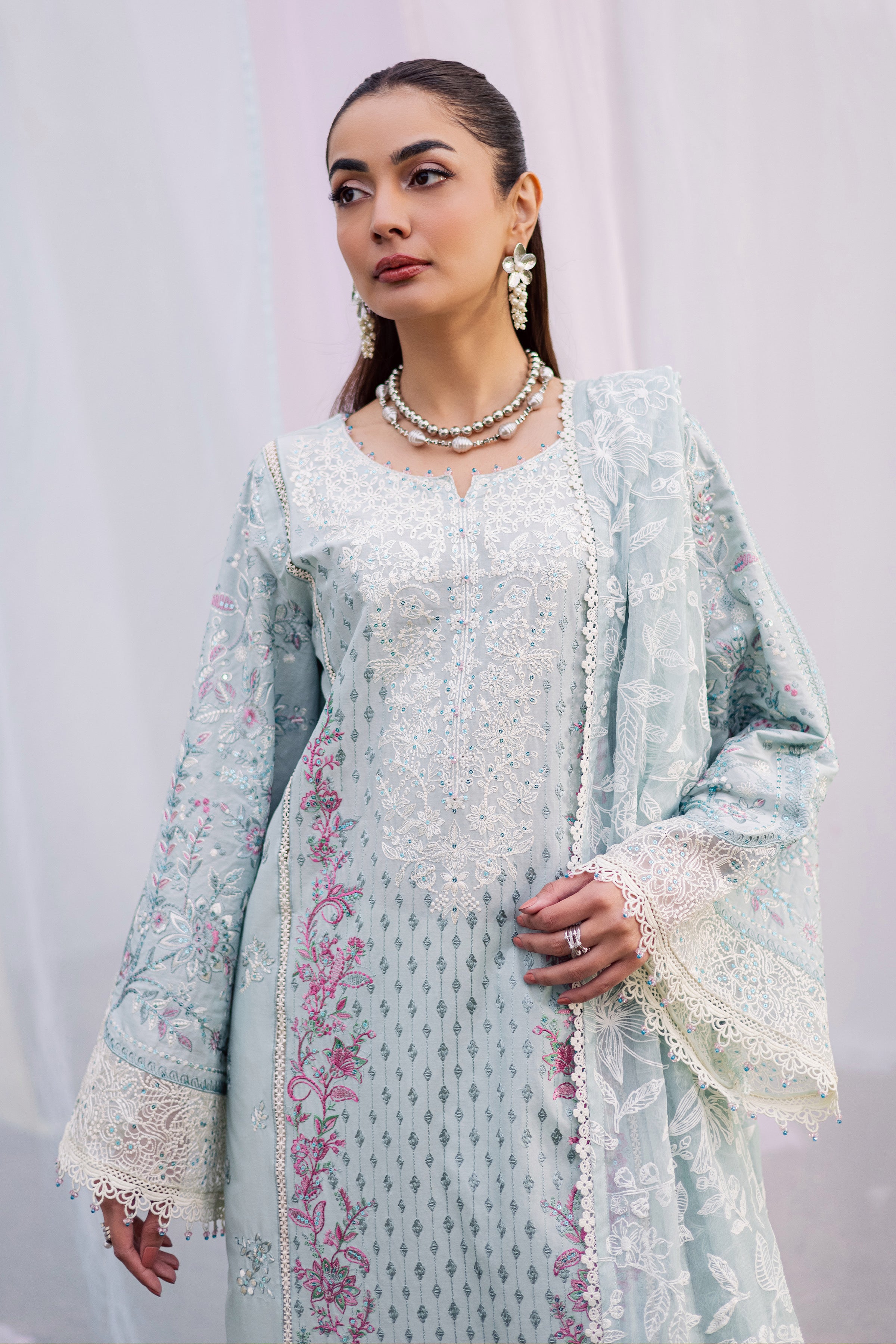 Ocean Swan 3Pc - Festive Embroidered Lawn BATIKEID2026 BATIK XS / Ice Blue / Pima Lawn-S / Ice Blue / Pima Lawn-M / Ice Blue / Pima Lawn-L / Ice Blue / Pima Lawn-XL / Ice Blue / Pima Lawn