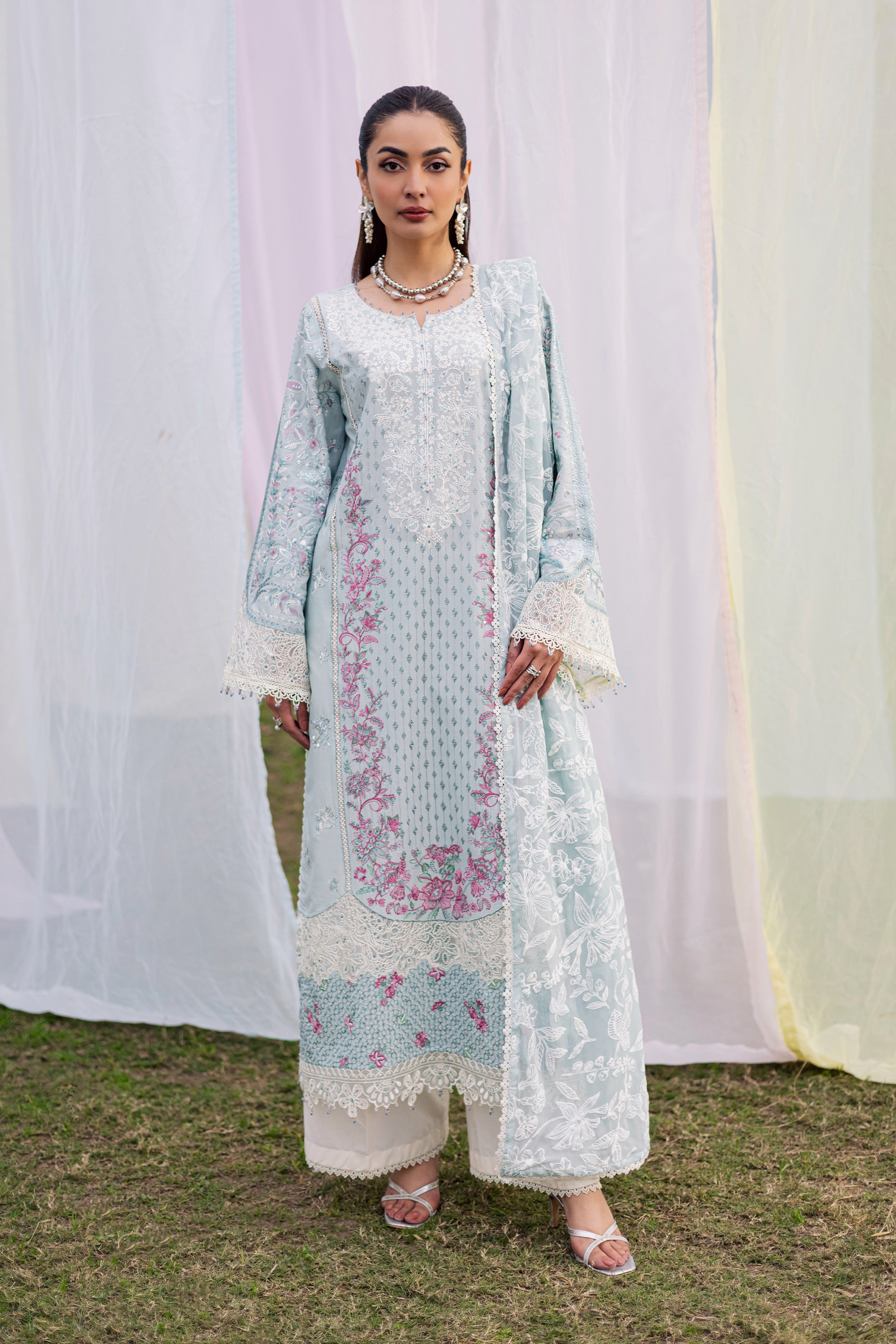Ocean Swan 3Pc - Festive Embroidered Lawn BATIKEID2026 BATIK XS / Ice Blue / Pima Lawn-S / Ice Blue / Pima Lawn-M / Ice Blue / Pima Lawn-L / Ice Blue / Pima Lawn-XL / Ice Blue / Pima Lawn