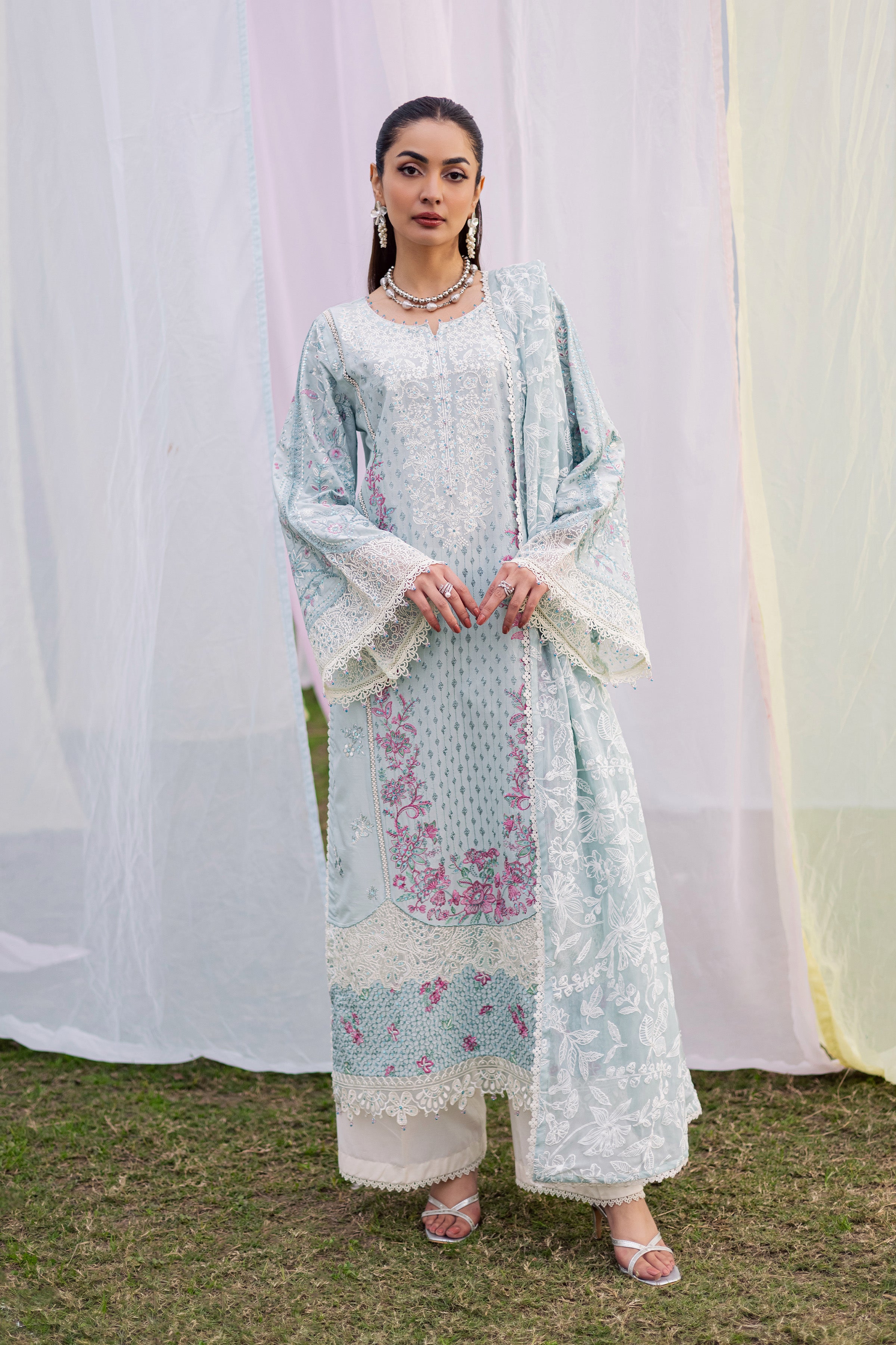 Ocean Swan 3Pc - Festive Embroidered Lawn BATIKEID2026 BATIK XS / Ice Blue / Pima Lawn-S / Ice Blue / Pima Lawn-M / Ice Blue / Pima Lawn-L / Ice Blue / Pima Lawn-XL / Ice Blue / Pima Lawn