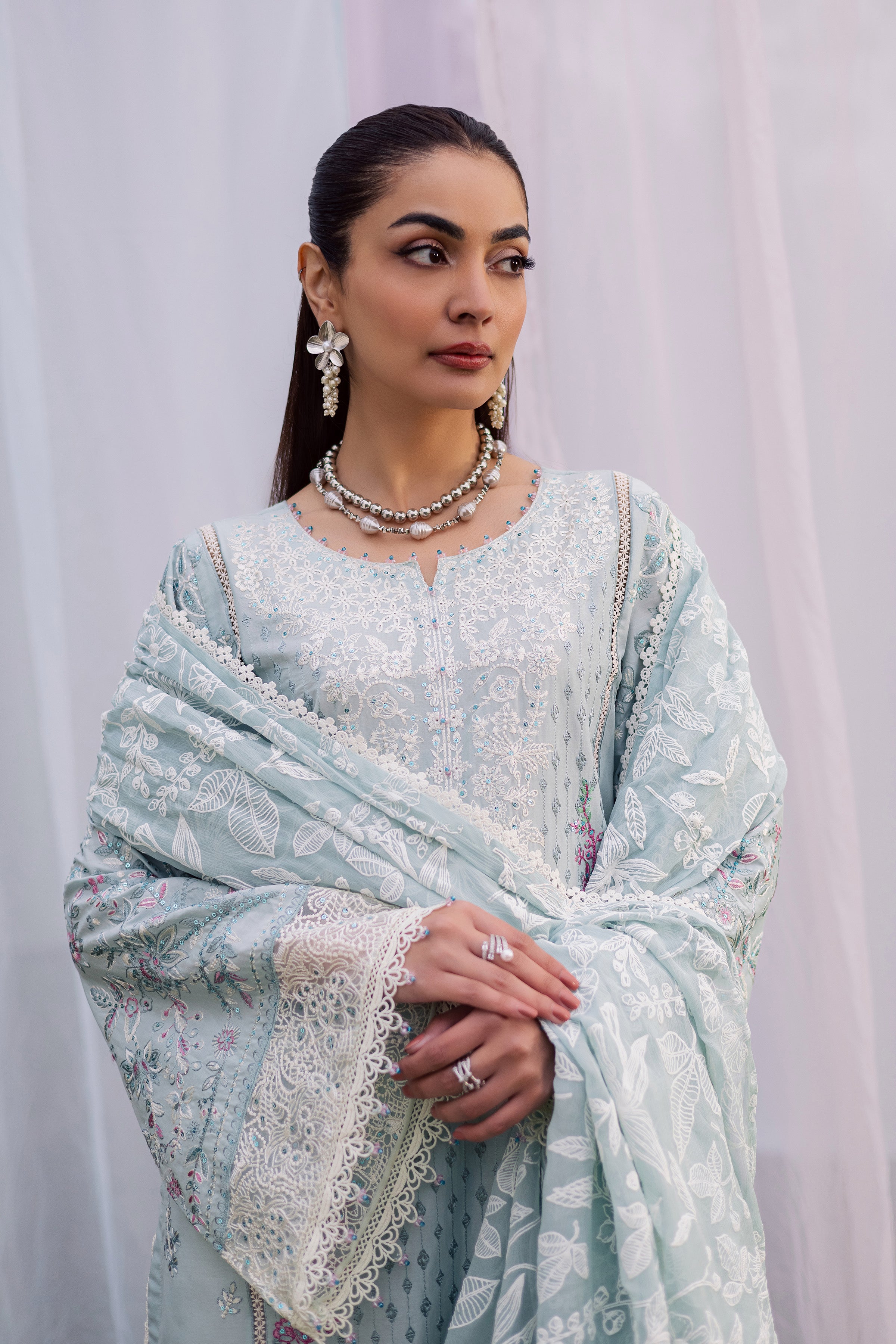 Ocean Swan 3Pc - Festive Embroidered Lawn BATIKEID2026 BATIK XS / Ice Blue / Pima Lawn-S / Ice Blue / Pima Lawn-M / Ice Blue / Pima Lawn-L / Ice Blue / Pima Lawn-XL / Ice Blue / Pima Lawn