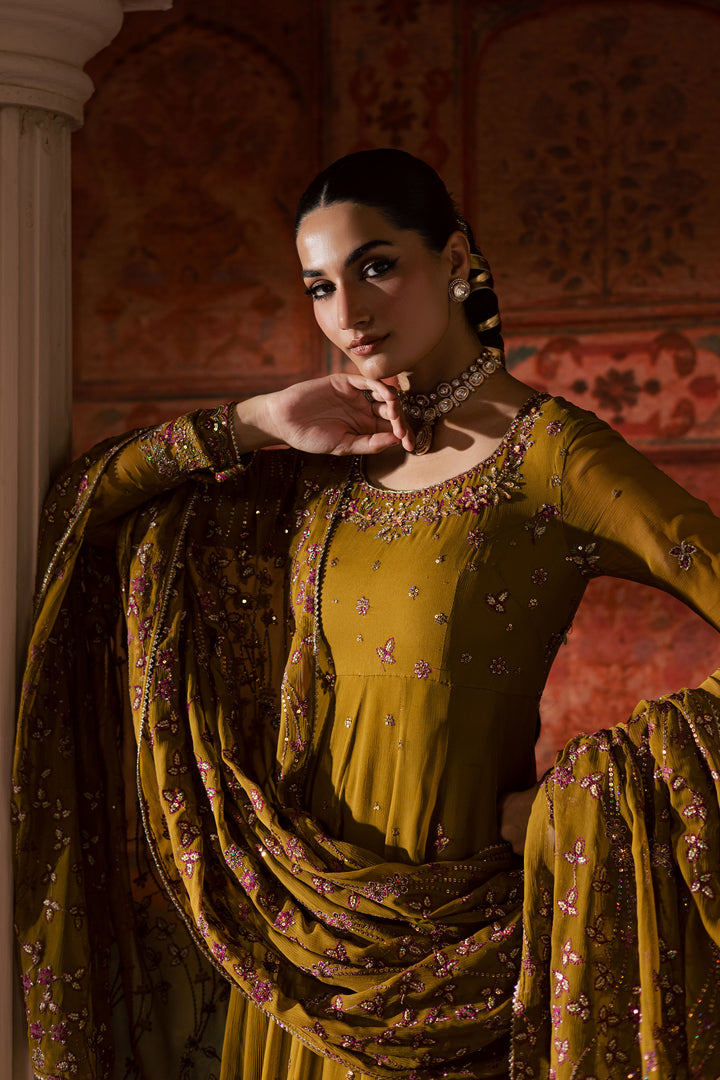 Ochre Elegance 3Pc - Chiffon Wedding Frock BATIKLuxePRET2025  BATIK   S / Mustard / Chiffon & Raw Silk-M / Mustard / Chiffon & Raw Silk-L / Mustard / Chiffon & Raw Silk