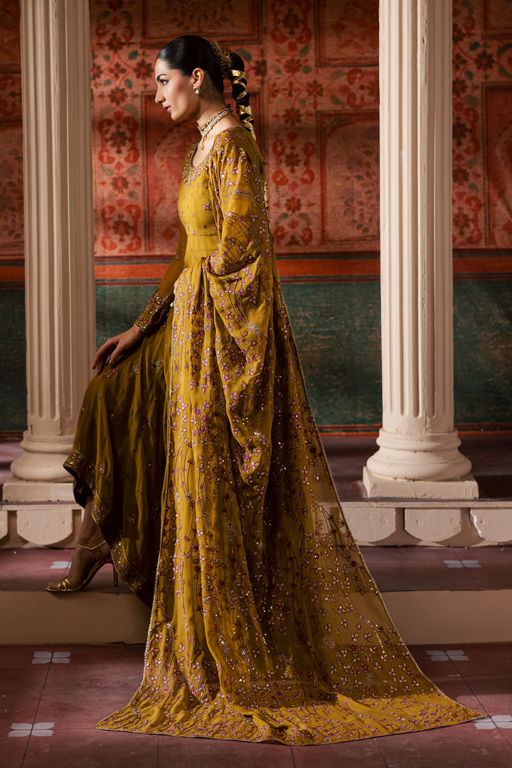 Ochre Elegance 3Pc - Chiffon Wedding Frock BATIKLuxePRET2025  BATIK   S / Mustard / Chiffon & Raw Silk-M / Mustard / Chiffon & Raw Silk-L / Mustard / Chiffon & Raw Silk