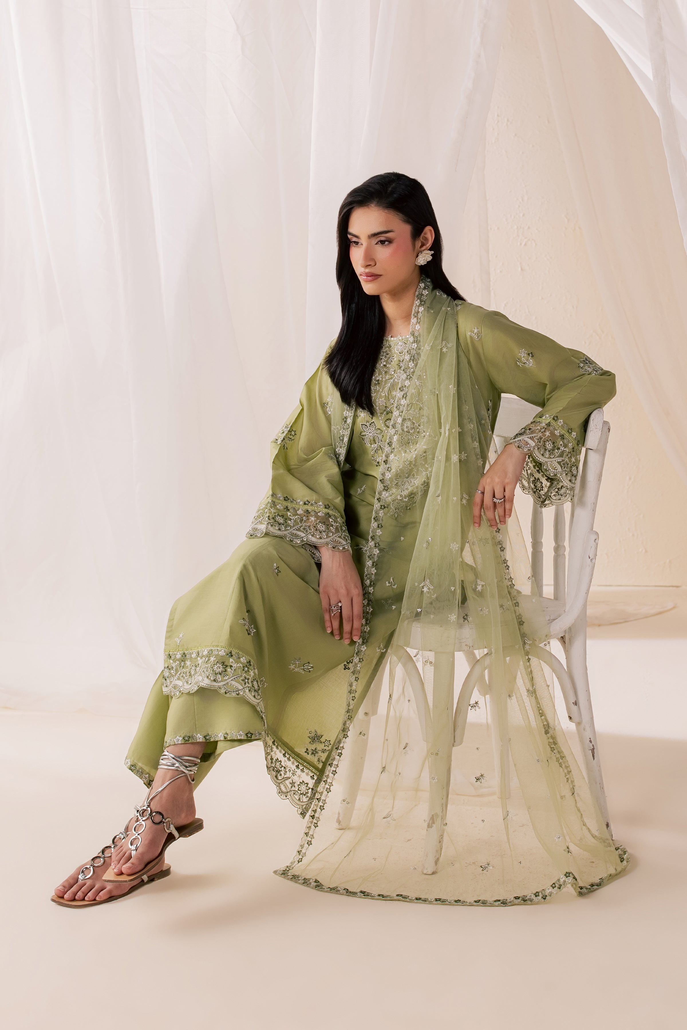 Olive Vasl 3Pc - Luxury Embroidered Lawn BATIKSS26 BATIK XS / Moderate Olive / Pima Lawn