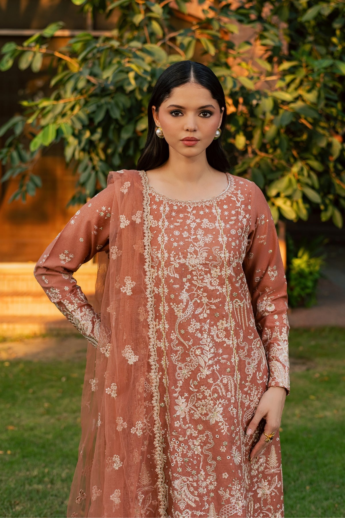 Peach Rhea 3Pc - Embroidered Karandi Pret PRETKARANDI2026 BATIK XS / Peach / Karandi