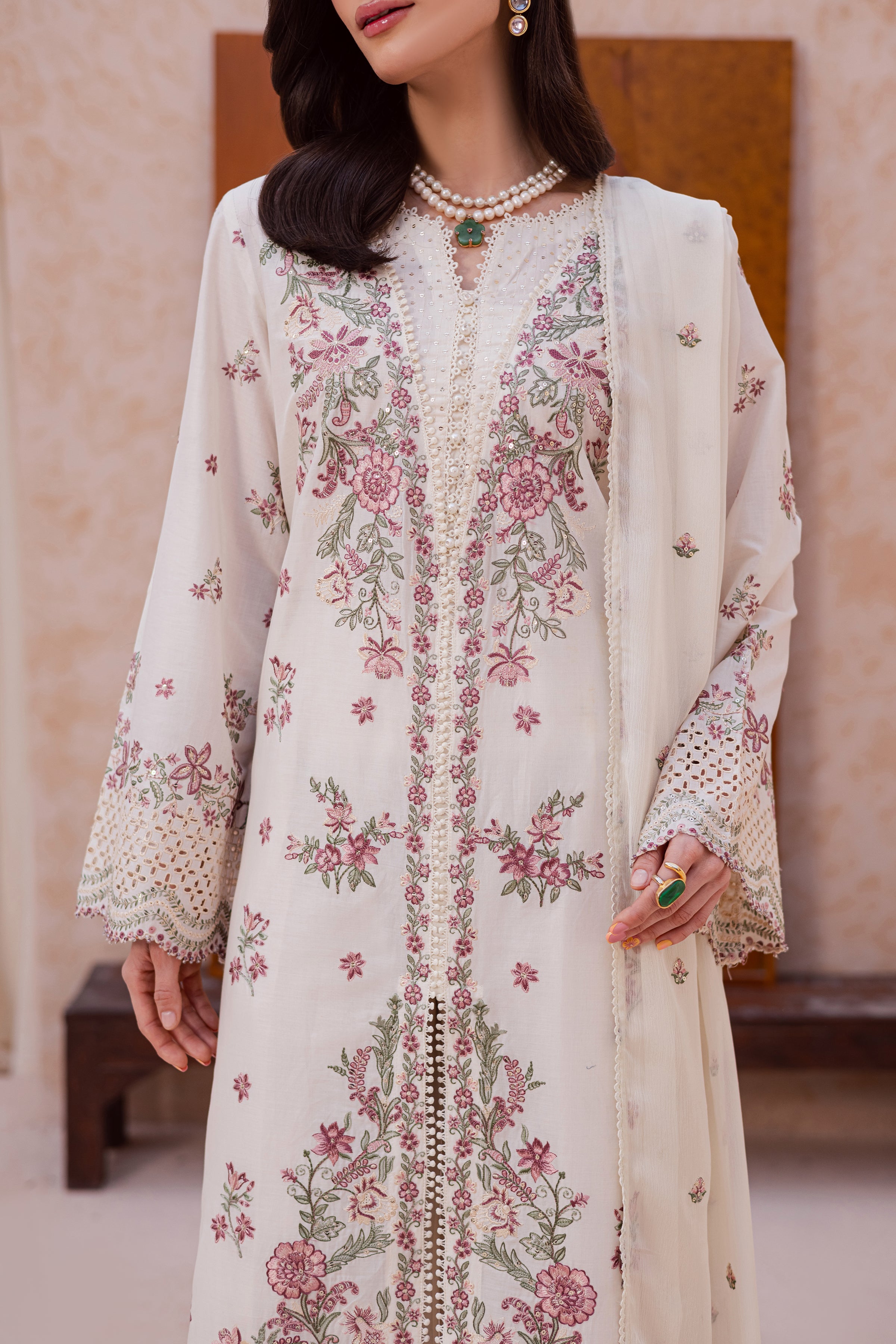 Pearl Dust 3Pc - Festive Embroidered Lawn BATIKEID2026 BATIK XS / Eggnoc White / Pima Lawn-S / Eggnoc White / Pima Lawn-M / Eggnoc White / Pima Lawn-L / Eggnoc White / Pima Lawn-XL / Eggnoc White / Pima Lawn