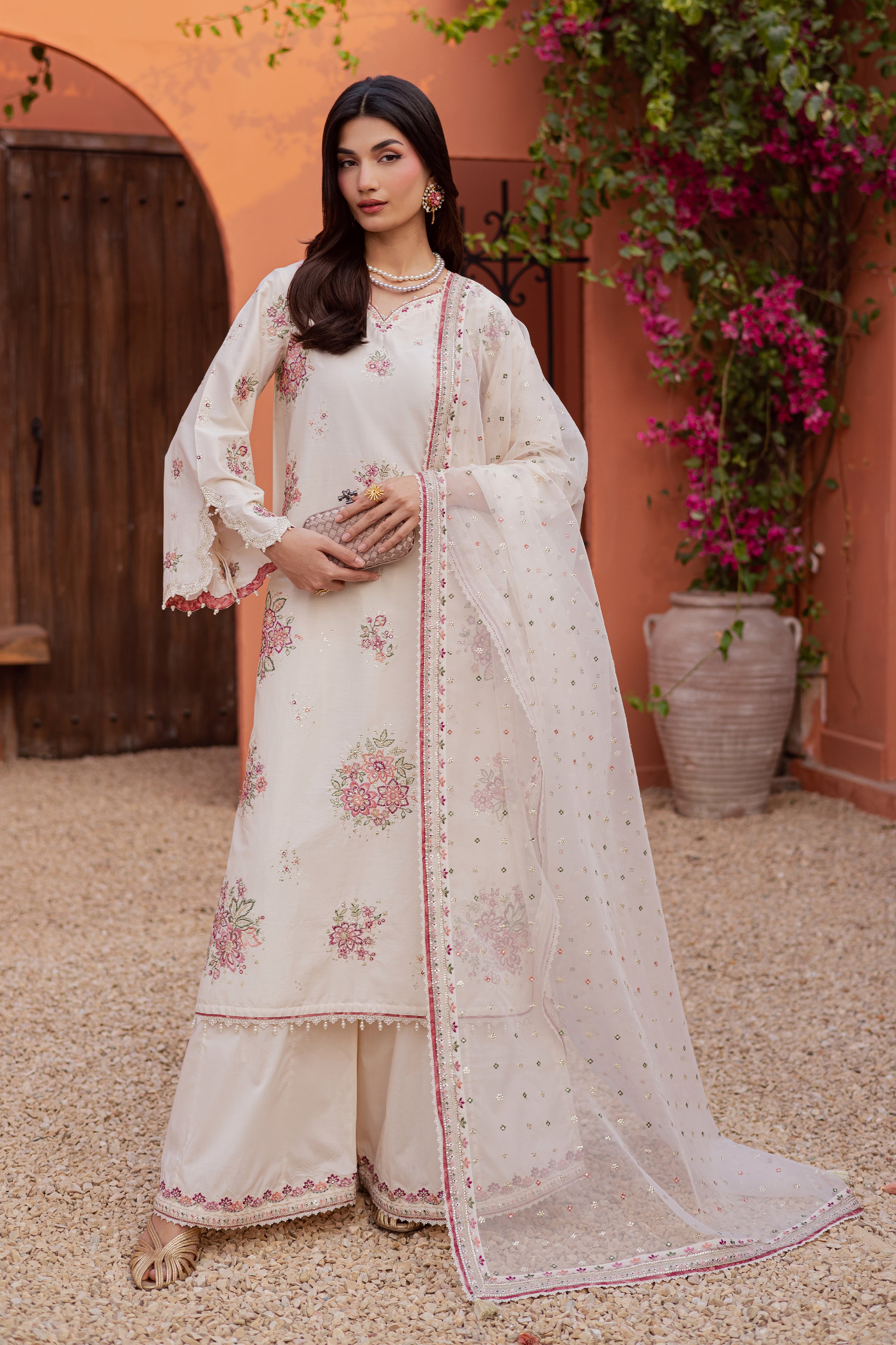 Pearl Elora 3Pc - Festive Embroidered Lawn BATIKEID2026 BATIK XS / White / Giza-S / White / Giza-M / White / Giza-L / White / Giza-XL / White / Giza