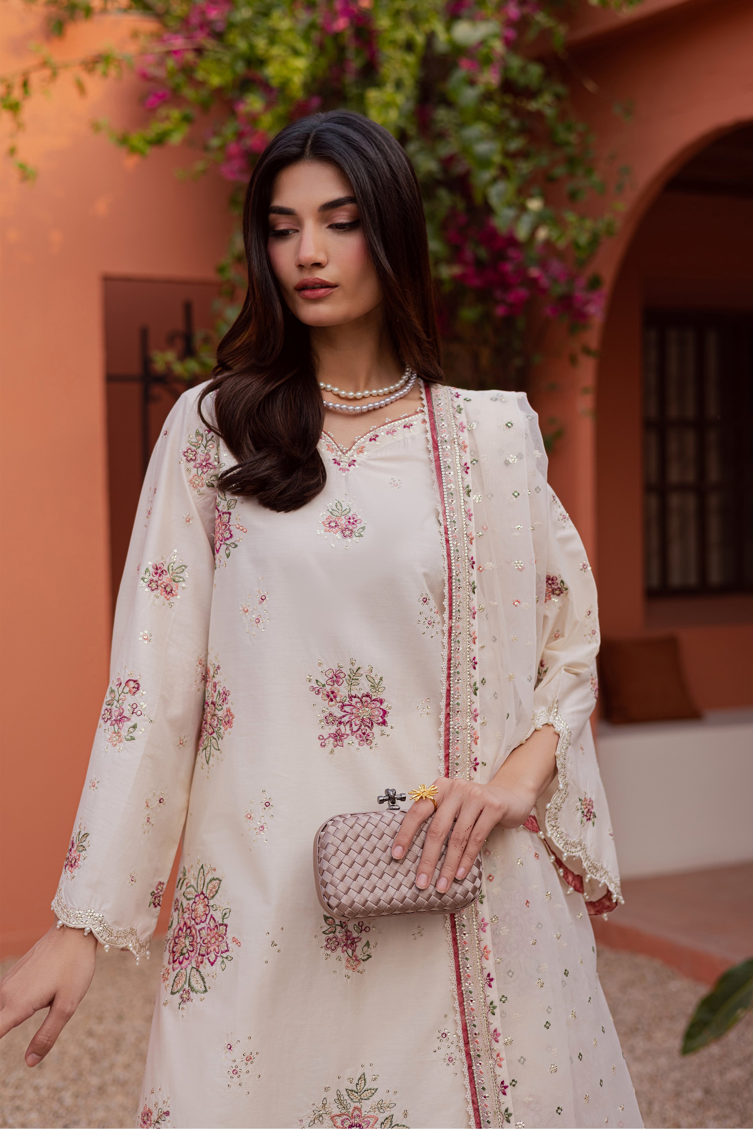 Pearl Elora 3Pc - Festive Embroidered Lawn BATIKEID2026 BATIK XS / White / Giza-S / White / Giza-M / White / Giza-L / White / Giza-XL / White / Giza