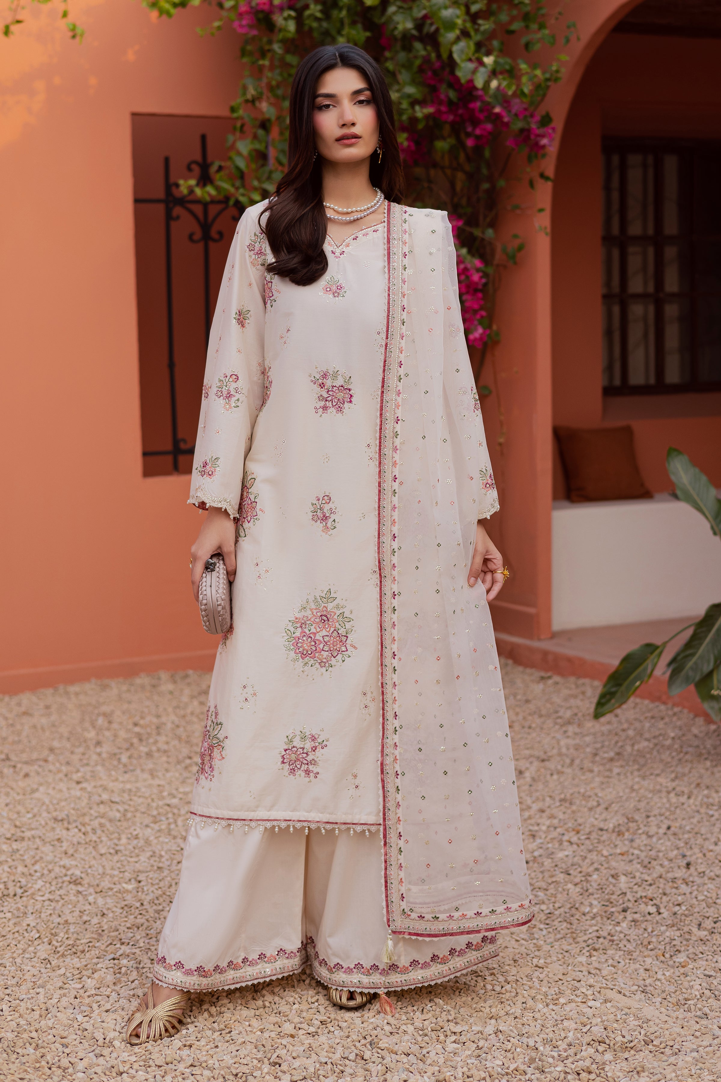 Pearl Elora 3Pc - Festive Embroidered Lawn BATIKEID2026 BATIK XS / White / Giza-S / White / Giza-M / White / Giza-L / White / Giza-XL / White / Giza