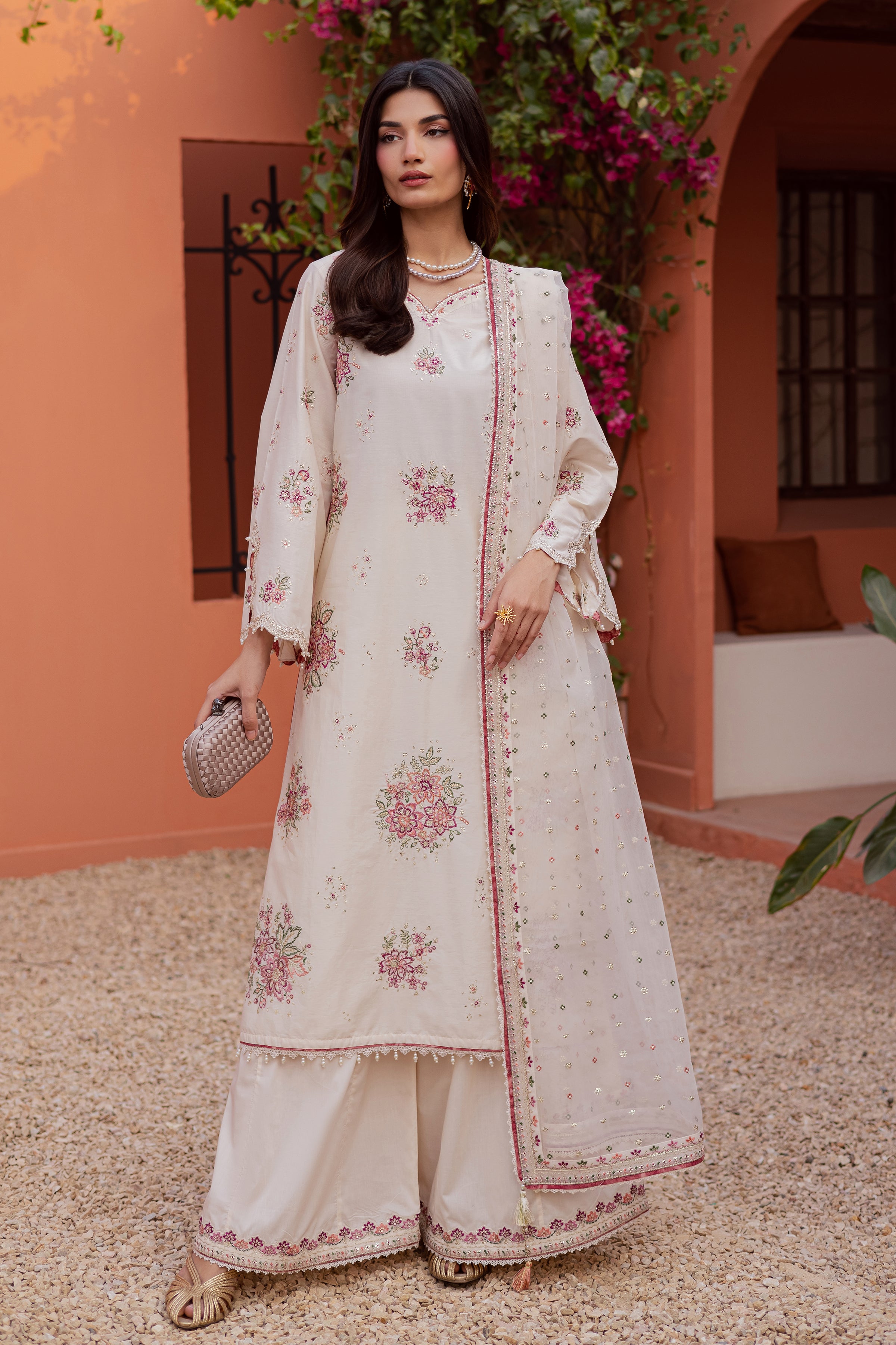 Pearl Elora 3Pc - Festive Embroidered Lawn BATIKEID2026 BATIK XS / White / Giza-S / White / Giza-M / White / Giza-L / White / Giza-XL / White / Giza