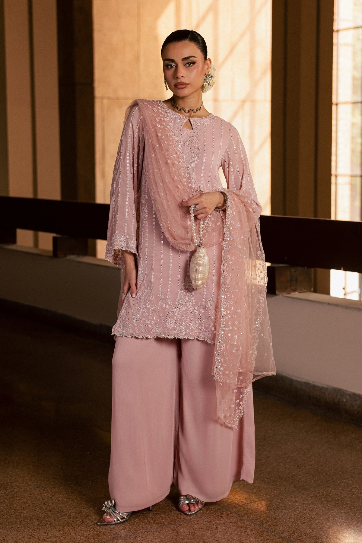 Pink Aurelia 3Pc - Festive Luxe Pret BATIKLUXESEP26 BATIK XS / Tea Pink / Crepe Chiffon