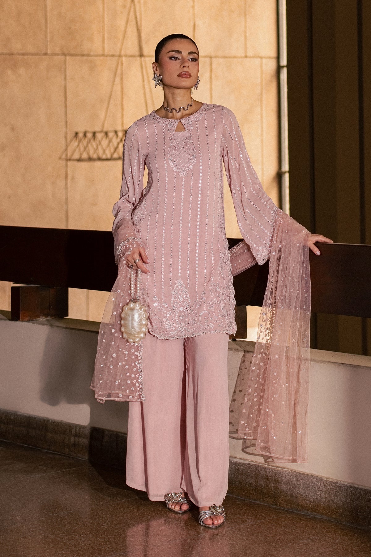 Pink Aurelia 3Pc - Festive Luxe Pret BATIKLUXESEP26 BATIK XS / Tea Pink / Crepe Chiffon
