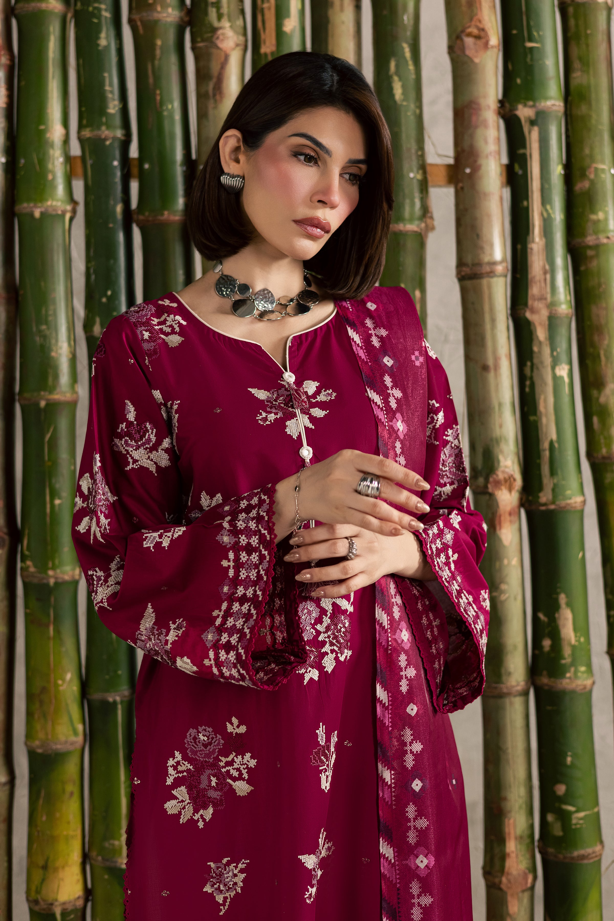 Pink Oliver 3Pc - Festive Embroidered Lawn BATIKEID2026 BATIK XS / Bright Pink / Pima Lawn-S / Bright Pink / Pima Lawn-M / Bright Pink / Pima Lawn-L / Bright Pink / Pima Lawn-XL / Bright Pink / Pima Lawn