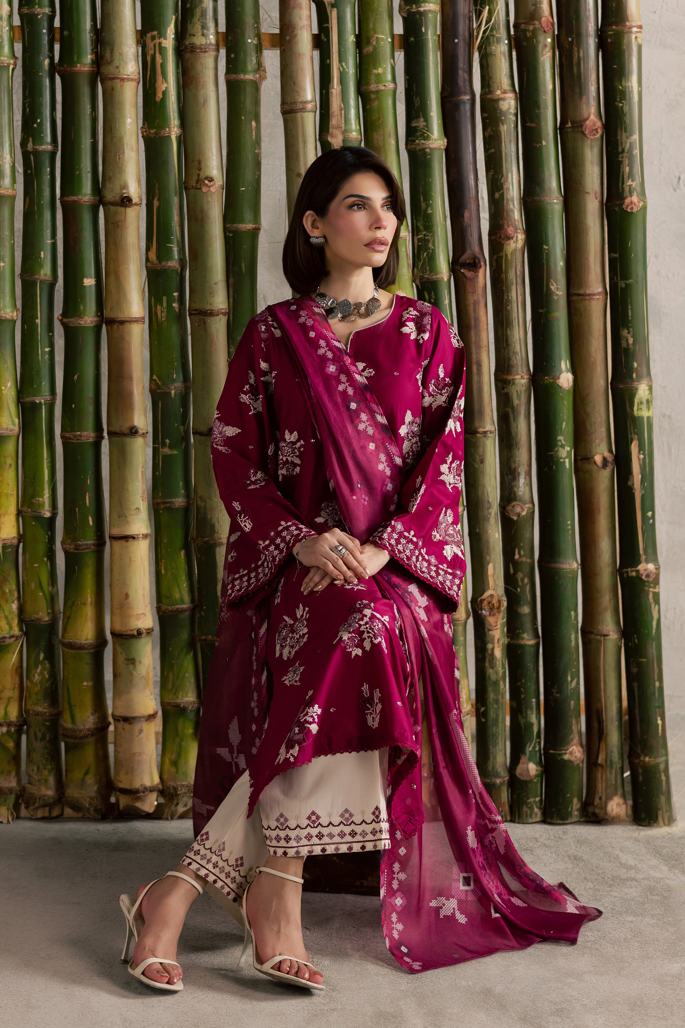 Pink Oliver 3Pc - Festive Embroidered Lawn BATIKEID2026 BATIK XS / Bright Pink / Pima Lawn-S / Bright Pink / Pima Lawn-M / Bright Pink / Pima Lawn-L / Bright Pink / Pima Lawn-XL / Bright Pink / Pima Lawn