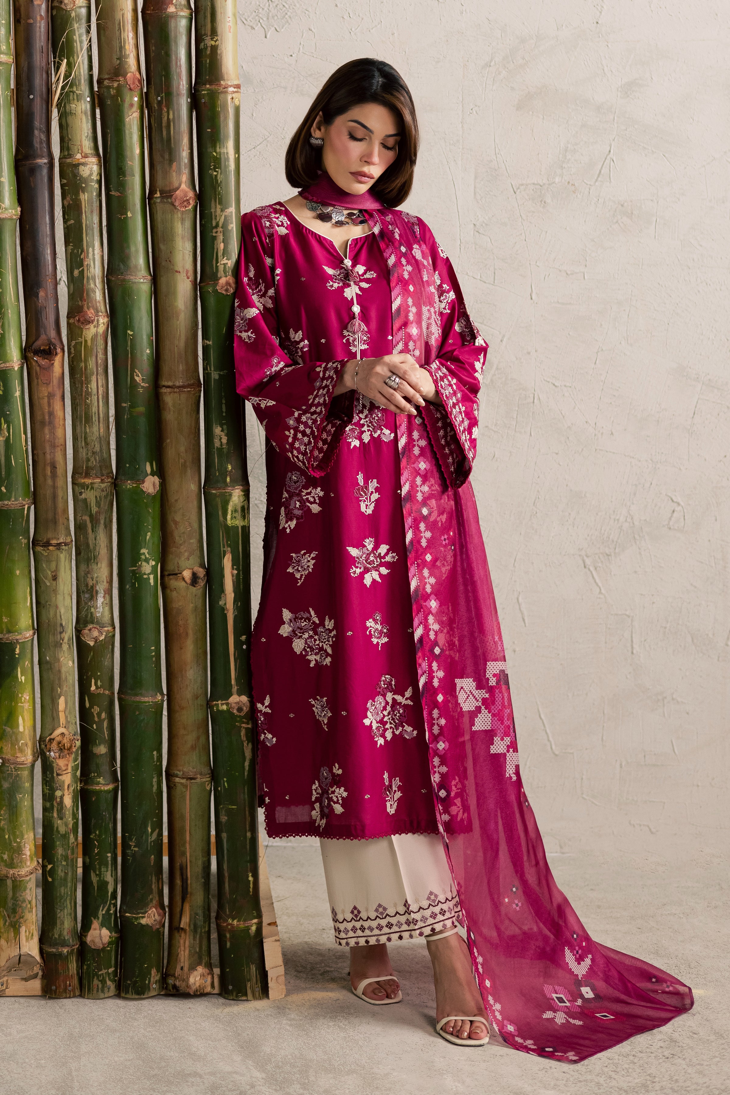 Pink Oliver 3Pc - Festive Embroidered Lawn BATIKEID2026 BATIK XS / Bright Pink / Pima Lawn-S / Bright Pink / Pima Lawn-M / Bright Pink / Pima Lawn-L / Bright Pink / Pima Lawn-XL / Bright Pink / Pima Lawn