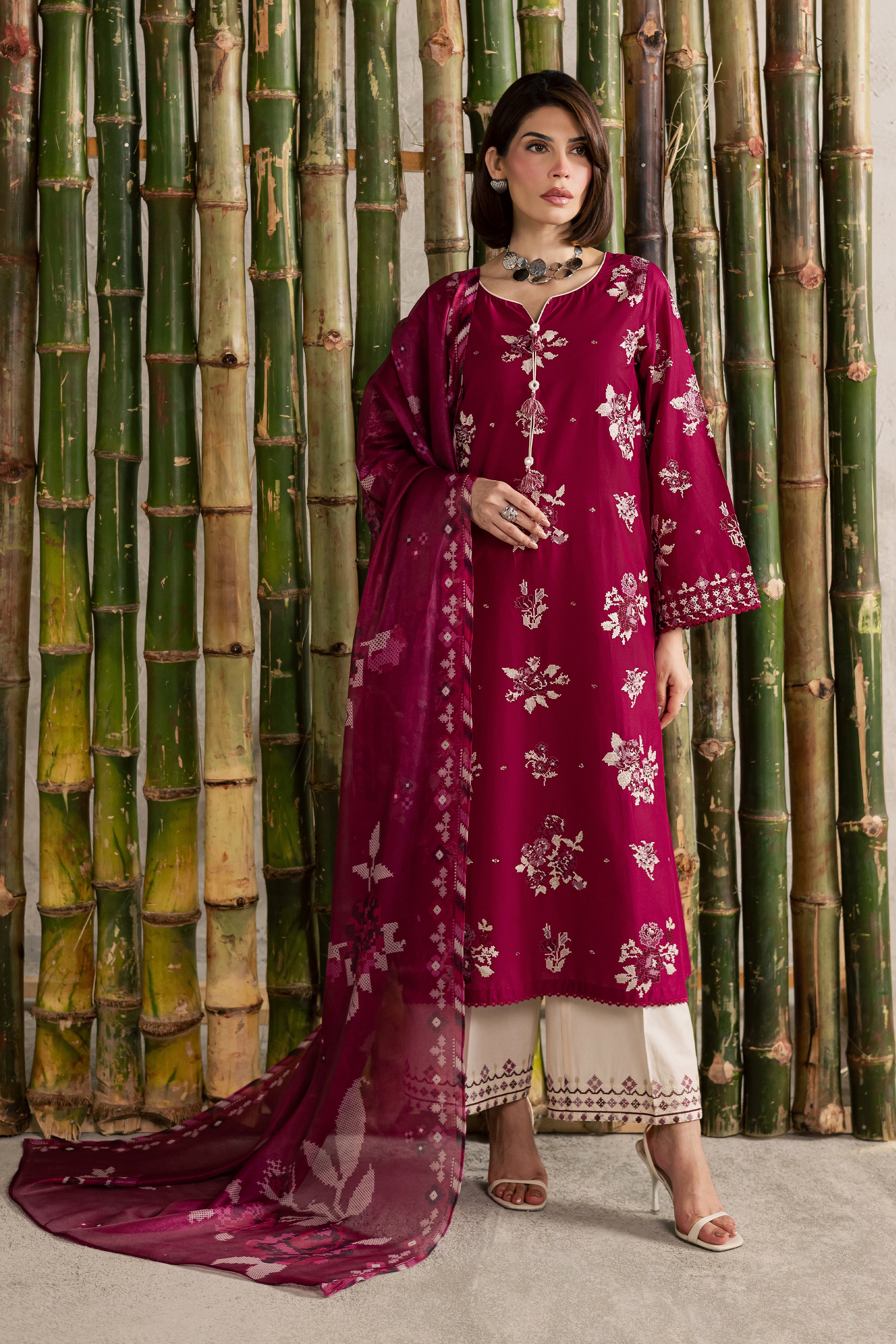 Pink Oliver 3Pc - Festive Embroidered Lawn BATIKEID2026 BATIK XS / Bright Pink / Pima Lawn-S / Bright Pink / Pima Lawn-M / Bright Pink / Pima Lawn-L / Bright Pink / Pima Lawn-XL / Bright Pink / Pima Lawn