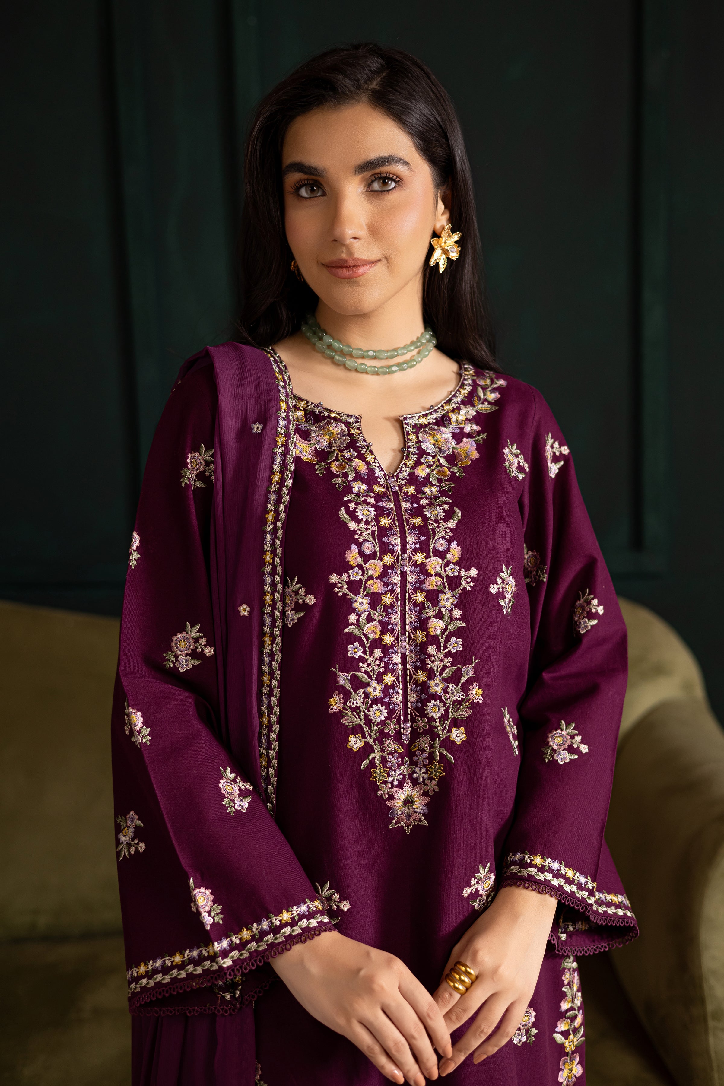 Prune 3Pc - Embroidered Khaddar Dress BATIK WINTER PRET 2025 BATIK XS / Magenta / Khaddar-S / Magenta / Khaddar-M / Magenta / Khaddar-L / Magenta / Khaddar-XL / Magenta / Khaddar