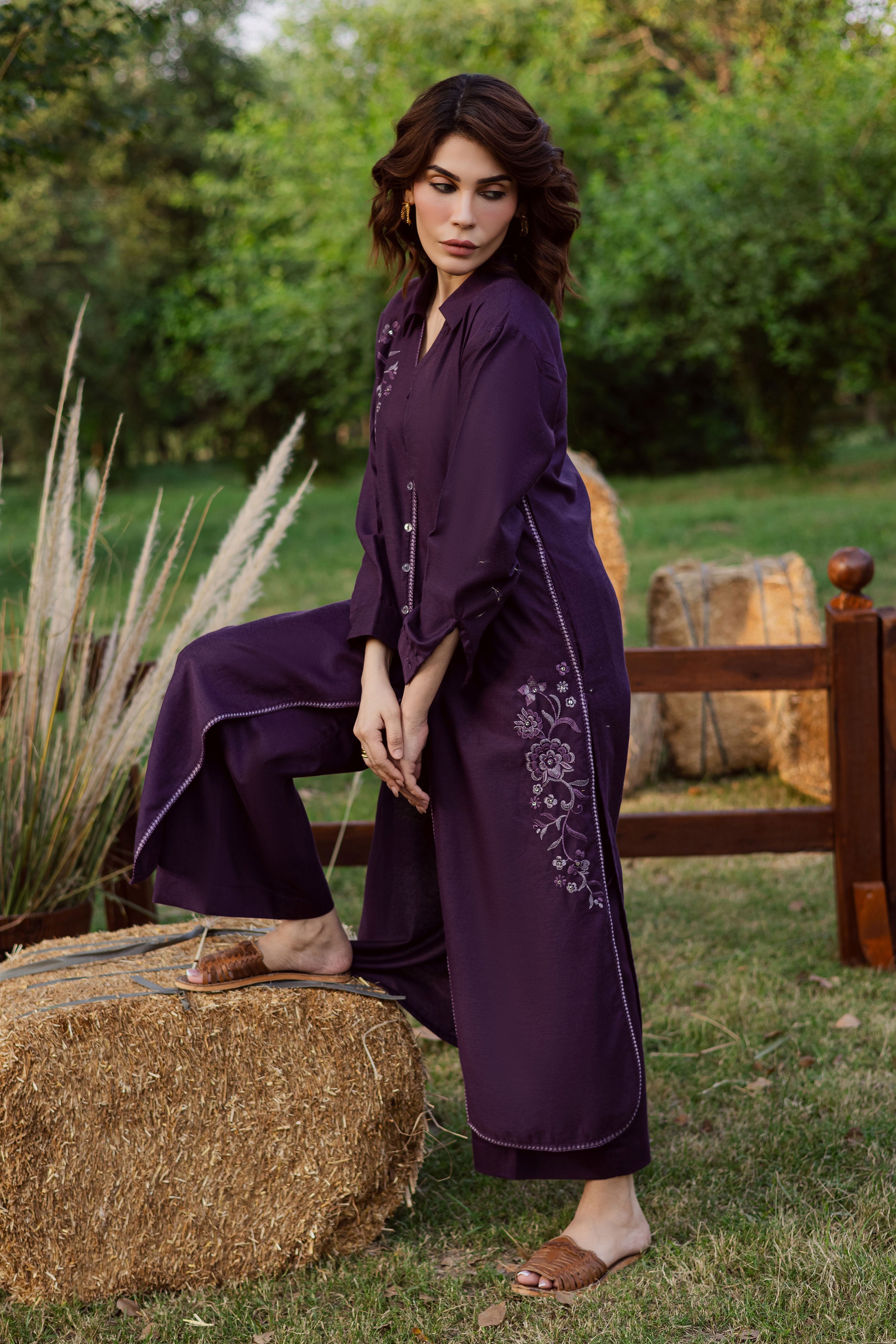 Purple Linen 2Pc - Embroidered Karandi Dress BATIK WINTER PRET 2025 BATIK XS / Egg Plant / Karandi-S / Egg Plant / Karandi-M / Egg Plant / Karandi-L / Egg Plant / Karandi-XL / Egg Plant / Karandi