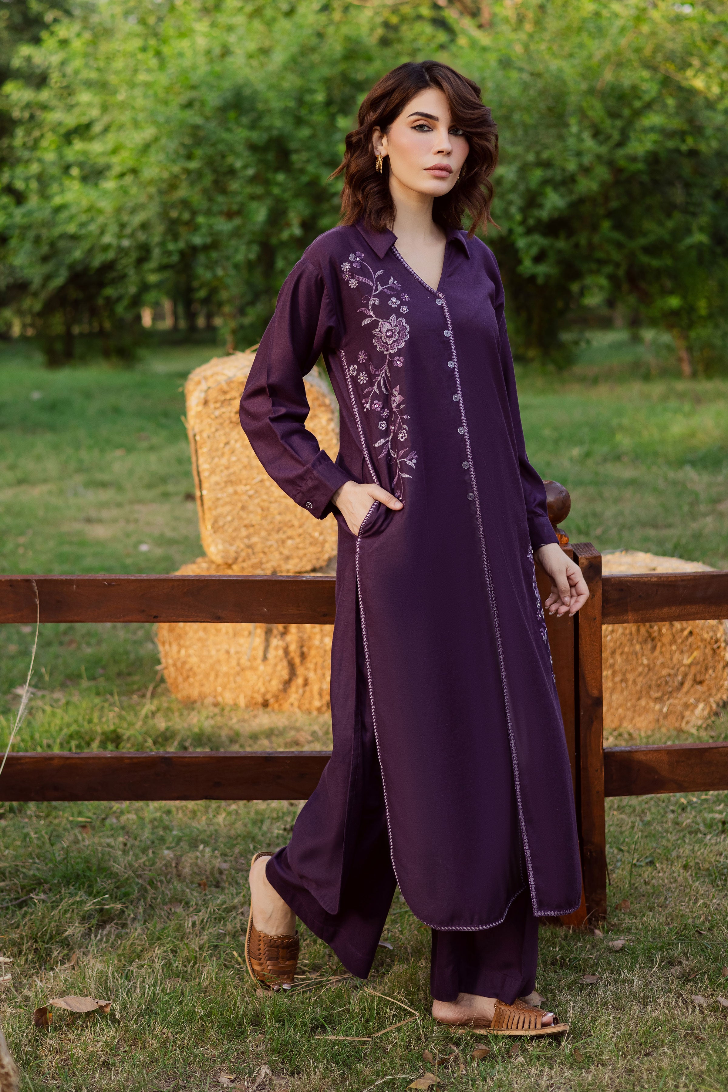 Purple Linen 2Pc - Embroidered Karandi Dress BATIK WINTER PRET 2025 BATIK XS / Egg Plant / Karandi-S / Egg Plant / Karandi-M / Egg Plant / Karandi-L / Egg Plant / Karandi-XL / Egg Plant / Karandi