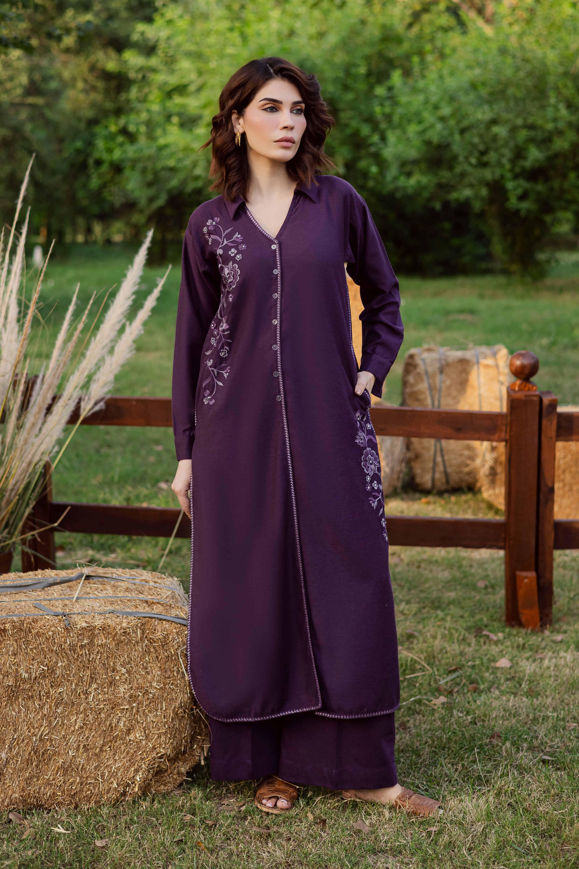 Purple Linen 2Pc - Embroidered Karandi Dress BATIK WINTER PRET 2025 BATIK XS / Egg Plant / Karandi-S / Egg Plant / Karandi-M / Egg Plant / Karandi-L / Egg Plant / Karandi-XL / Egg Plant / Karandi