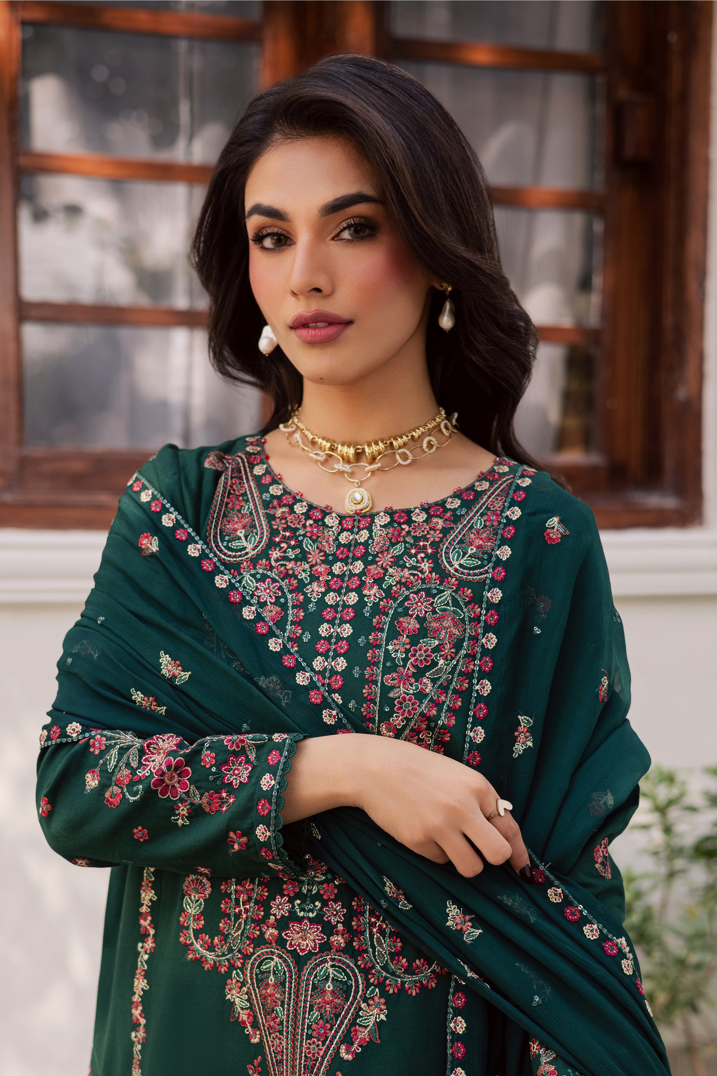 Rain 3Pc - Embroidered Khaddar Dress BATIK WINTER PRET 2025 BATIK XS / Emerald Green / Khaddar-S / Emerald Green / Khaddar-M / Emerald Green / Khaddar-L / Emerald Green / Khaddar-XL / Emerald Green / Khaddar