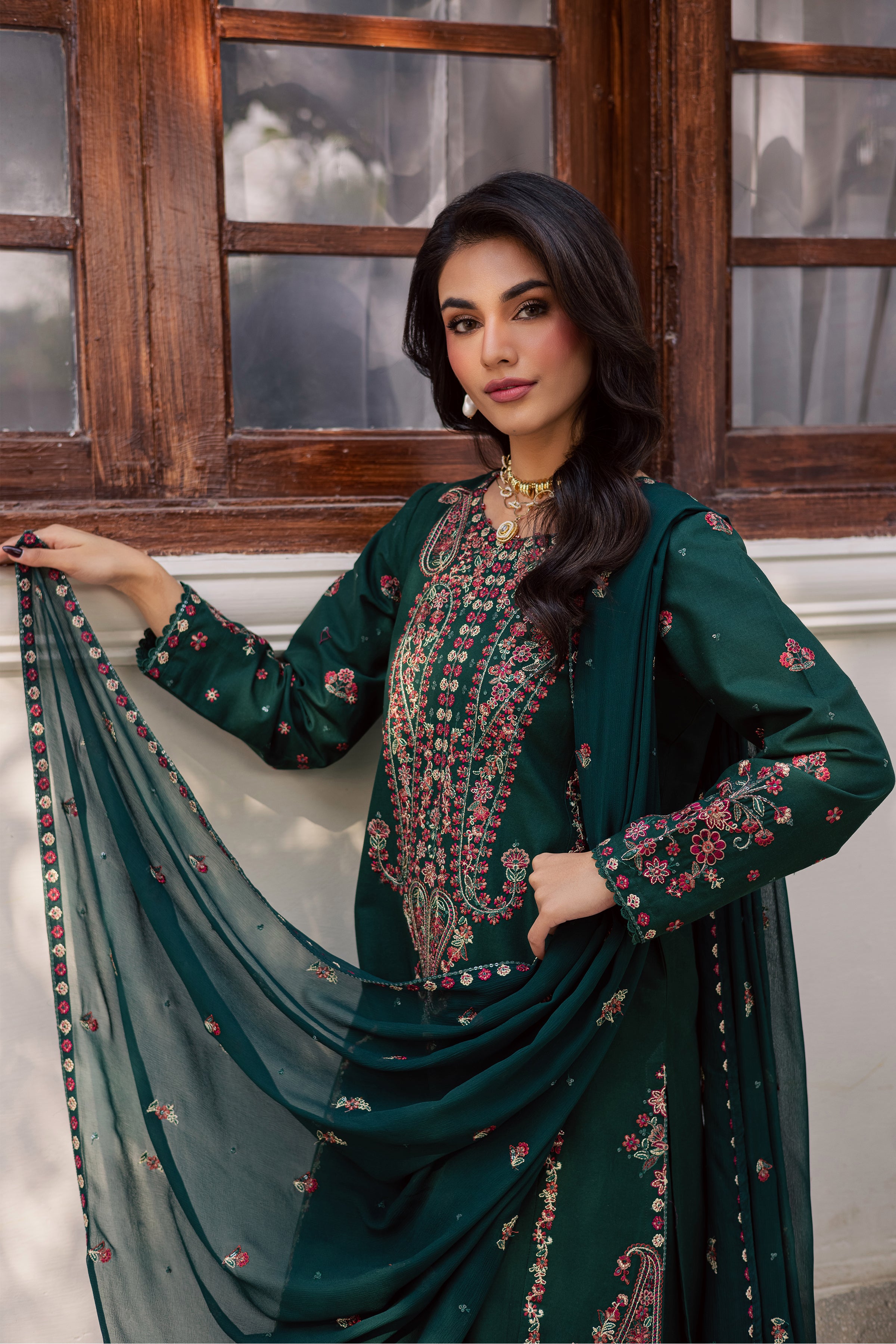 Rain 3Pc - Embroidered Khaddar Dress BATIK WINTER PRET 2025 BATIK XS / Emerald Green / Khaddar-S / Emerald Green / Khaddar-M / Emerald Green / Khaddar-L / Emerald Green / Khaddar-XL / Emerald Green / Khaddar