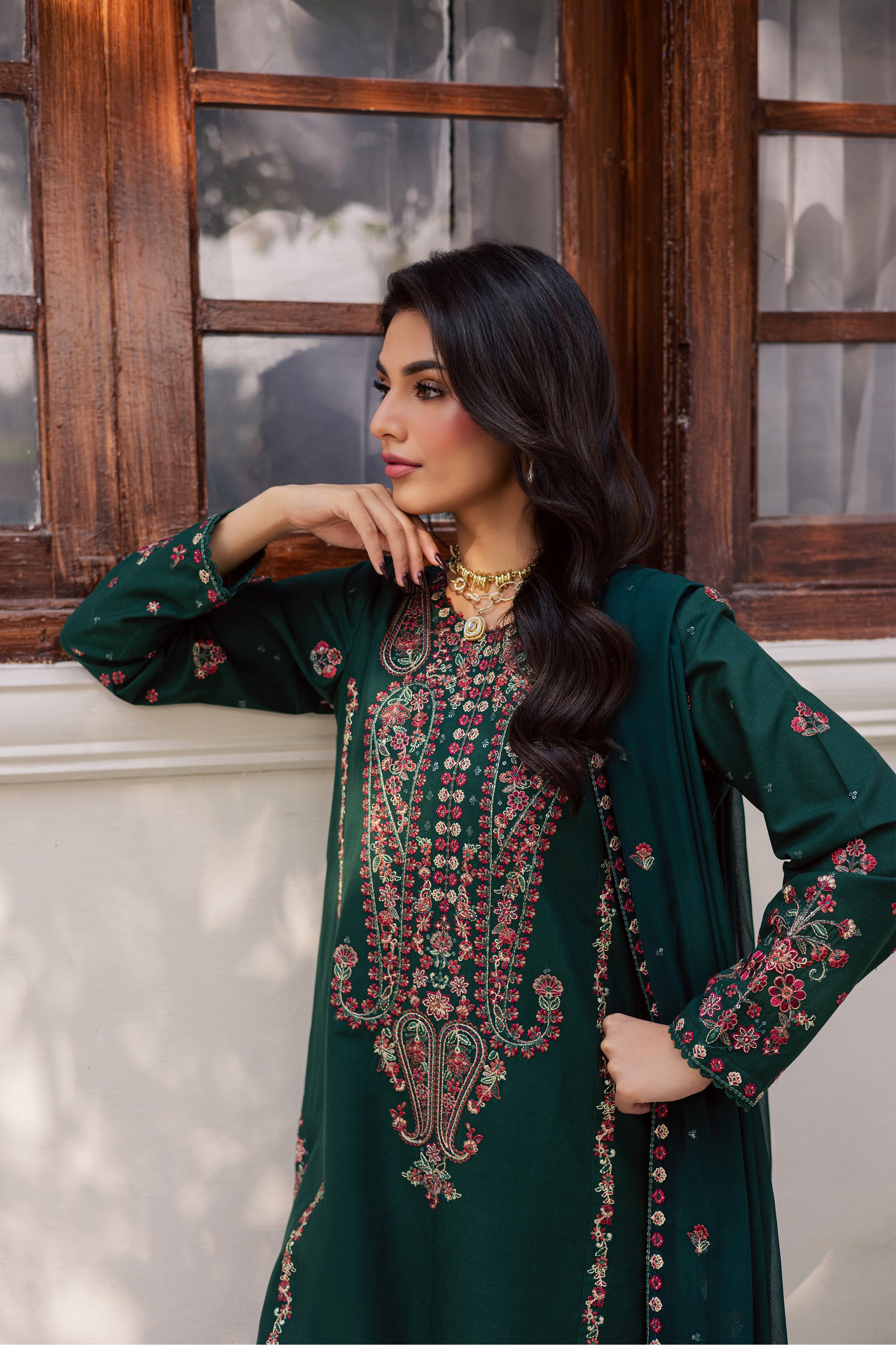 Rain 3Pc - Embroidered Khaddar Dress BATIK WINTER PRET 2025 BATIK XS / Emerald Green / Khaddar-S / Emerald Green / Khaddar-M / Emerald Green / Khaddar-L / Emerald Green / Khaddar-XL / Emerald Green / Khaddar