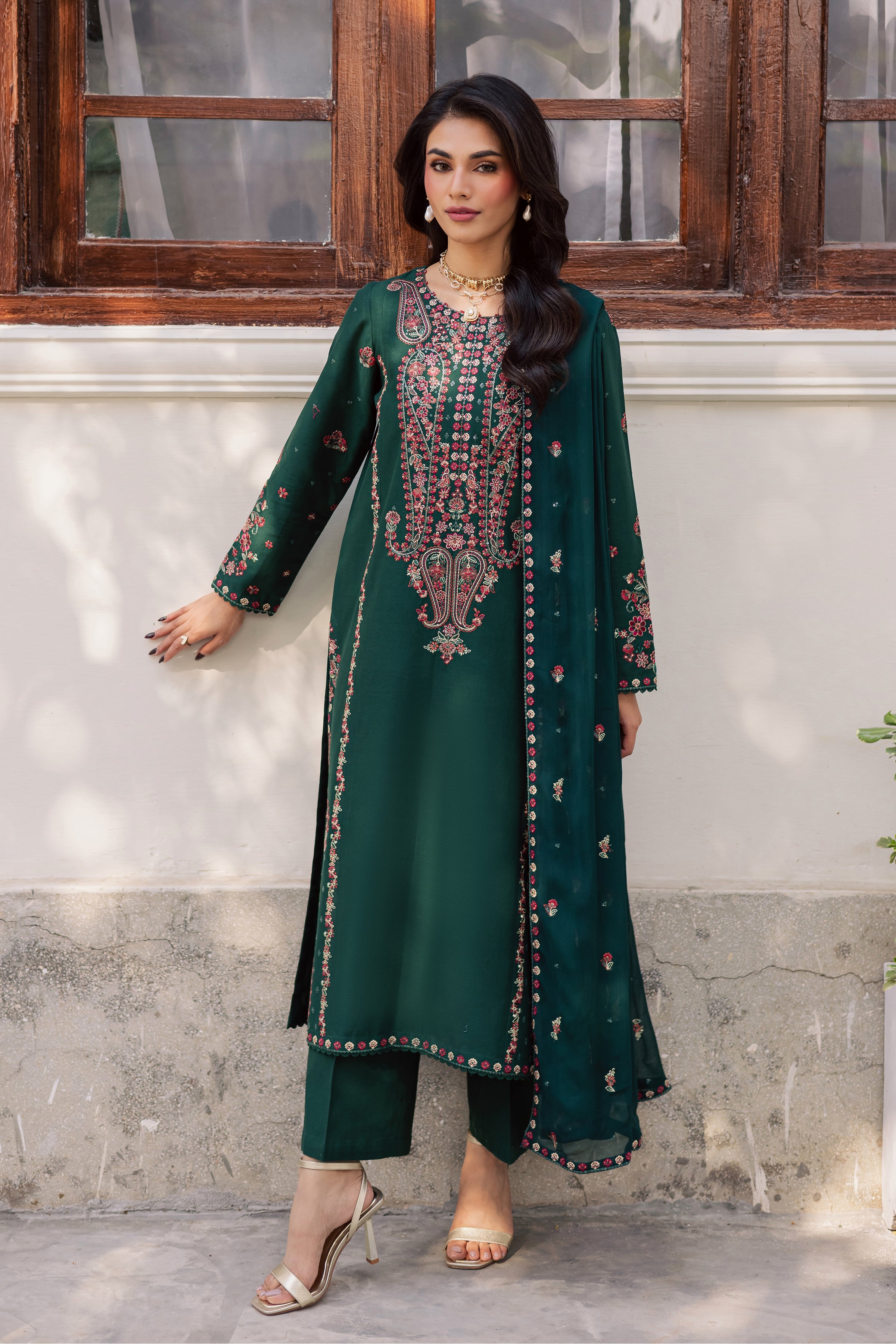 Rain 3Pc - Embroidered Khaddar Dress BATIK WINTER PRET 2025 BATIK XS / Emerald Green / Khaddar-S / Emerald Green / Khaddar-M / Emerald Green / Khaddar-L / Emerald Green / Khaddar-XL / Emerald Green / Khaddar