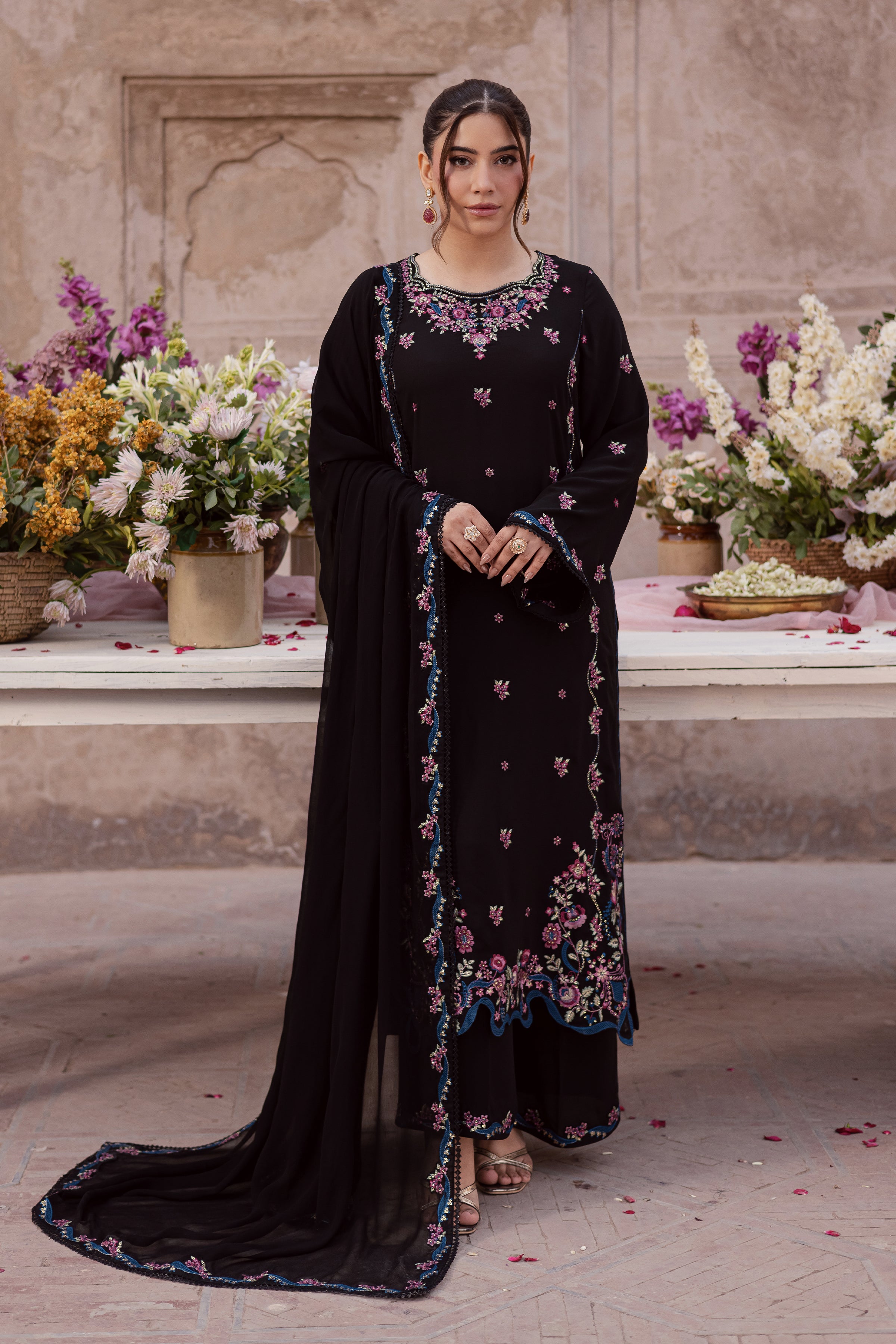 Rea 3Pc - Festive Luxe Pret BATIKSTUDIO2025 BATIK S / Black / Georgette-M / Black / Georgette-L / Black / Georgette