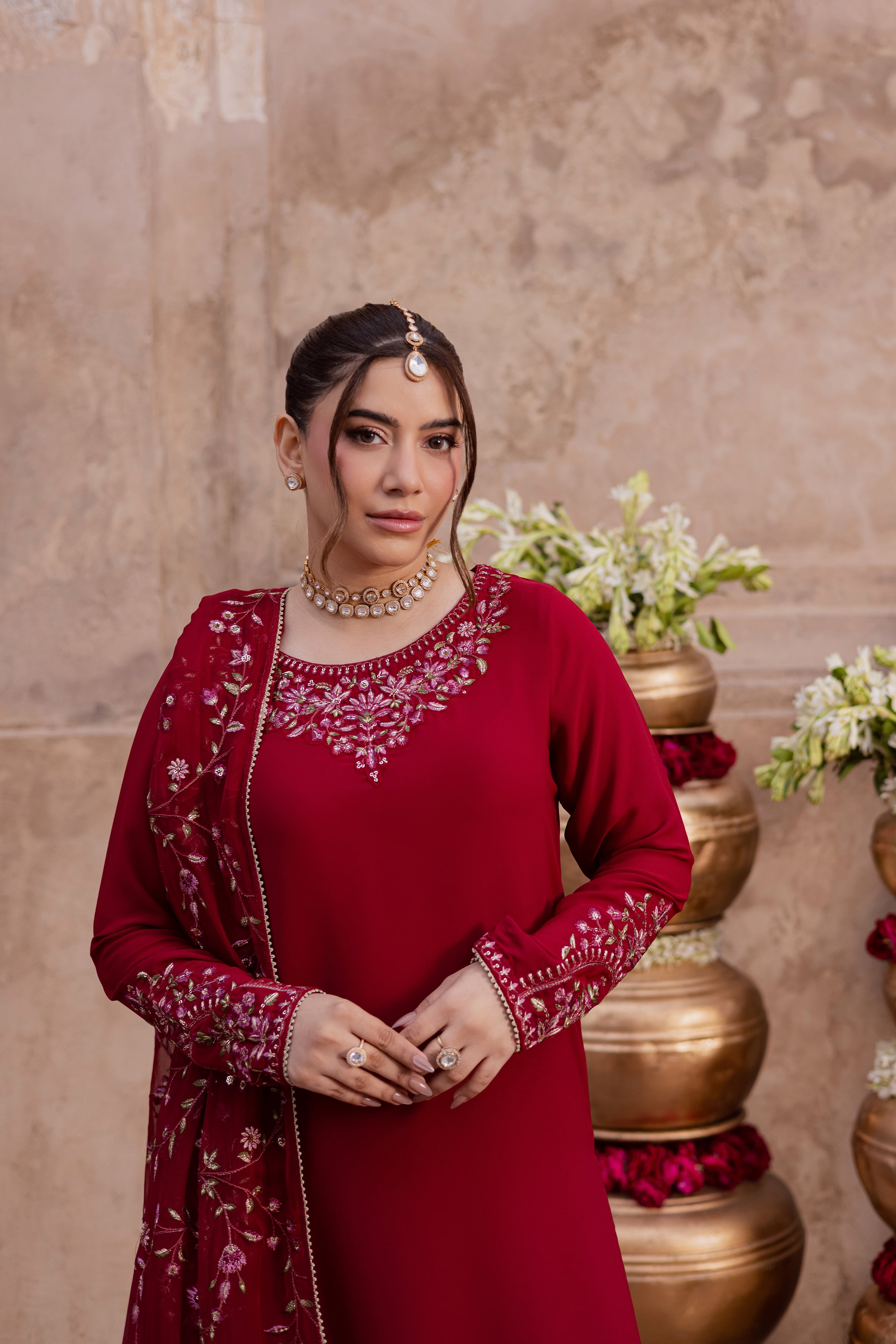 Red Adina 3Pc - Festive Luxe Pret BATIKSTUDIO2025 BATIK S / Deep Red / Georgette-M / Deep Red / Georgette-L / Deep Red / Georgette