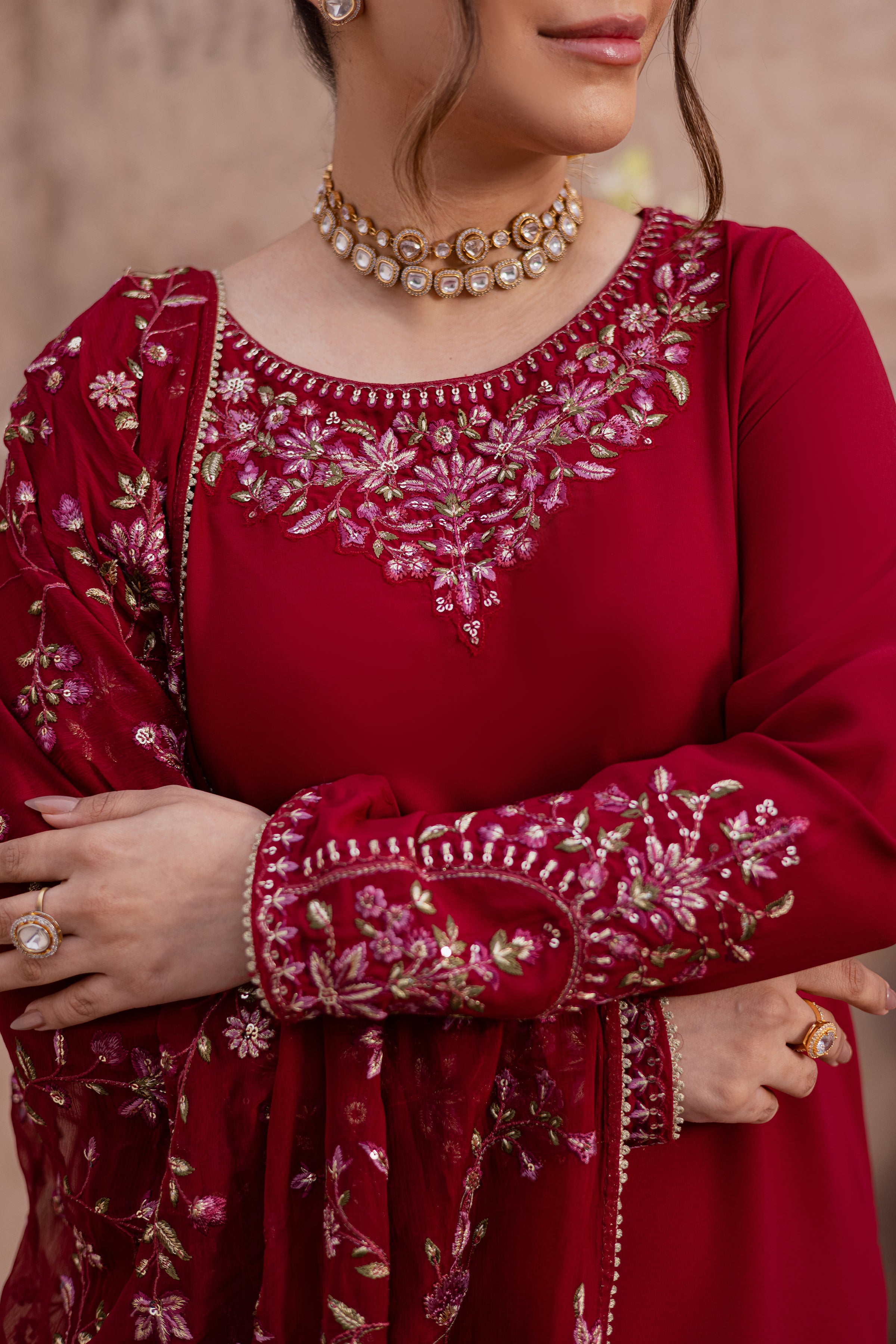 Red Adina 3Pc - Festive Luxe Pret BATIKSTUDIO2025 BATIK S / Deep Red / Georgette-M / Deep Red / Georgette-L / Deep Red / Georgette