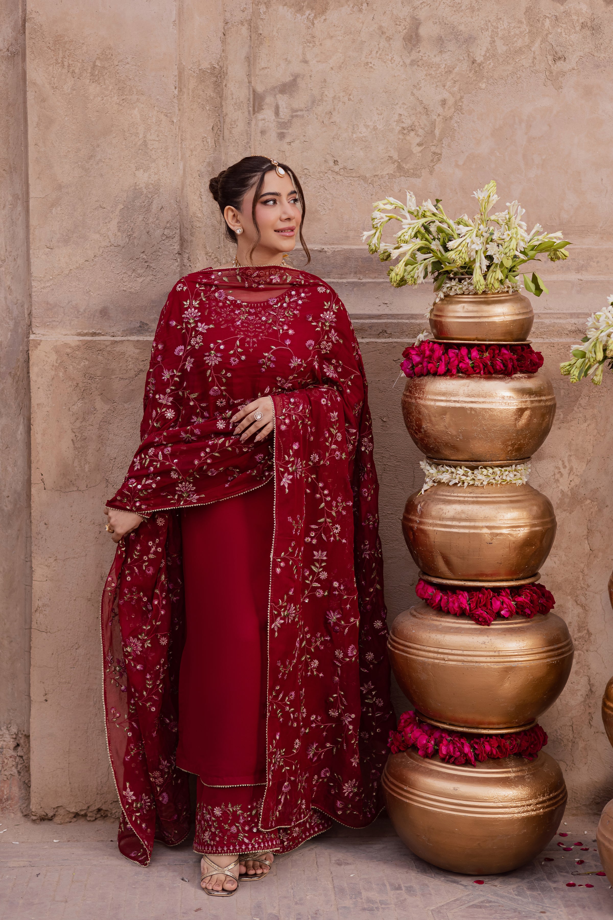 Red Adina 3Pc - Festive Luxe Pret BATIKSTUDIO2025 BATIK S / Deep Red / Georgette-M / Deep Red / Georgette-L / Deep Red / Georgette