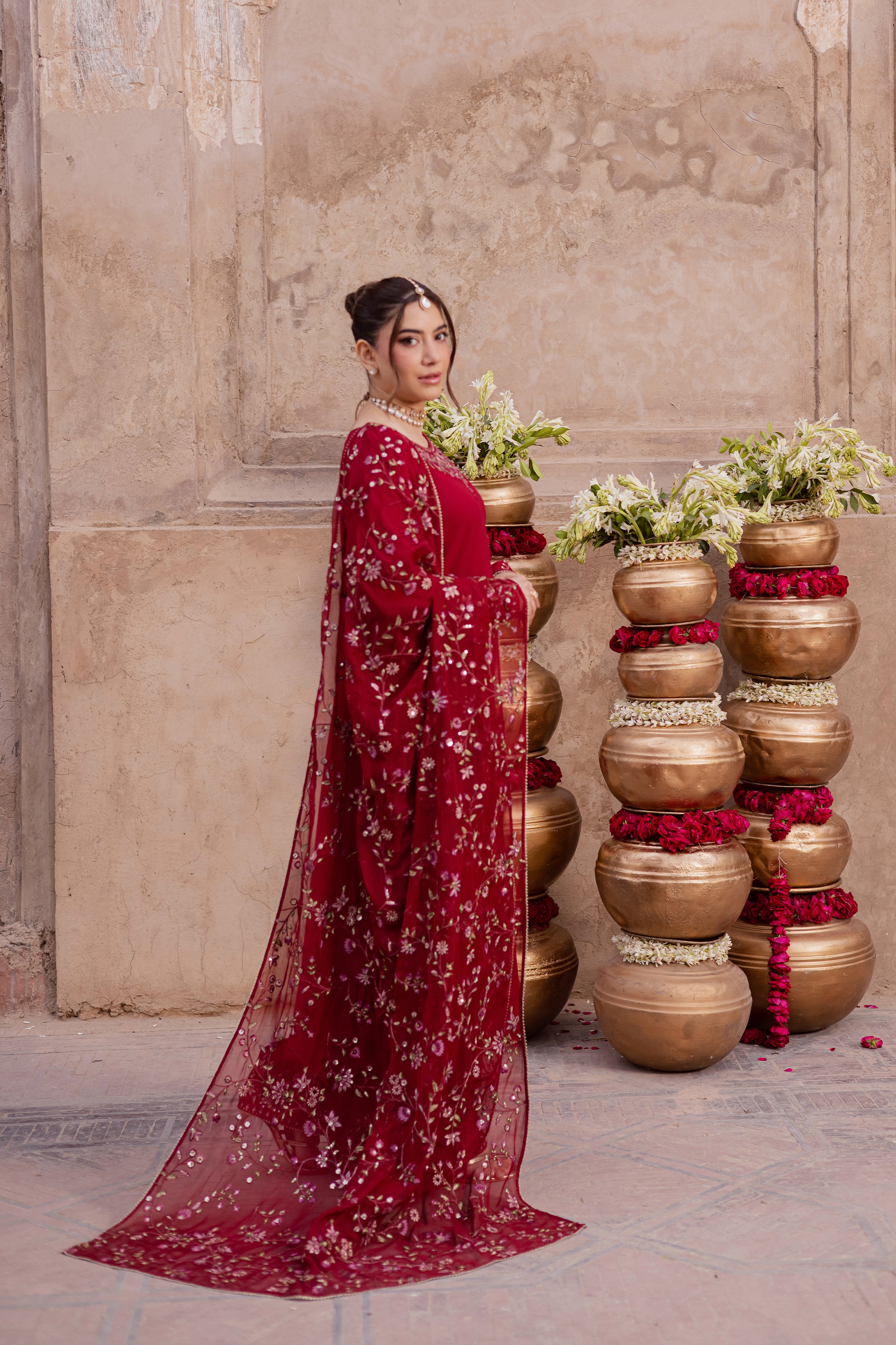 Red Adina 3Pc - Festive Luxe Pret BATIKSTUDIO2025 BATIK S / Deep Red / Georgette-M / Deep Red / Georgette-L / Deep Red / Georgette