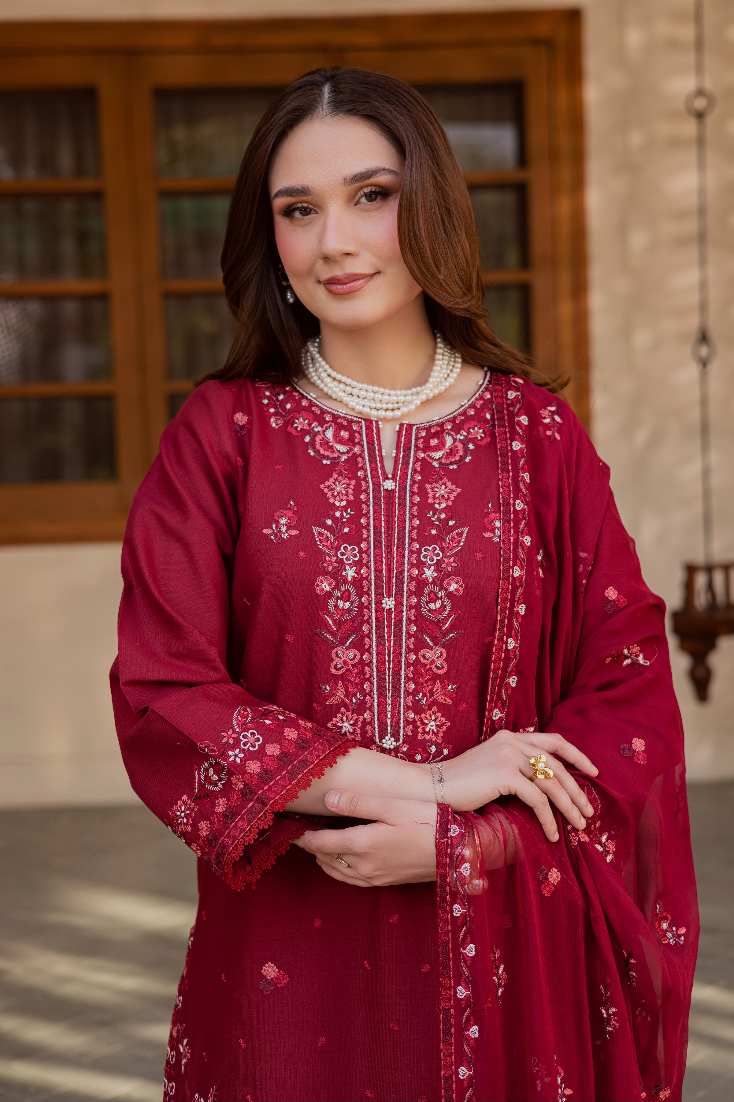 Red Coast 3Pc - Embroidered Khaddar Dress BATIK WINTER PRET 2025 BATIK XS / Tyrian / Khaddar-S / Tyrian / Khaddar-M / Tyrian / Khaddar-L / Tyrian / Khaddar-XL / Tyrian / Khaddar