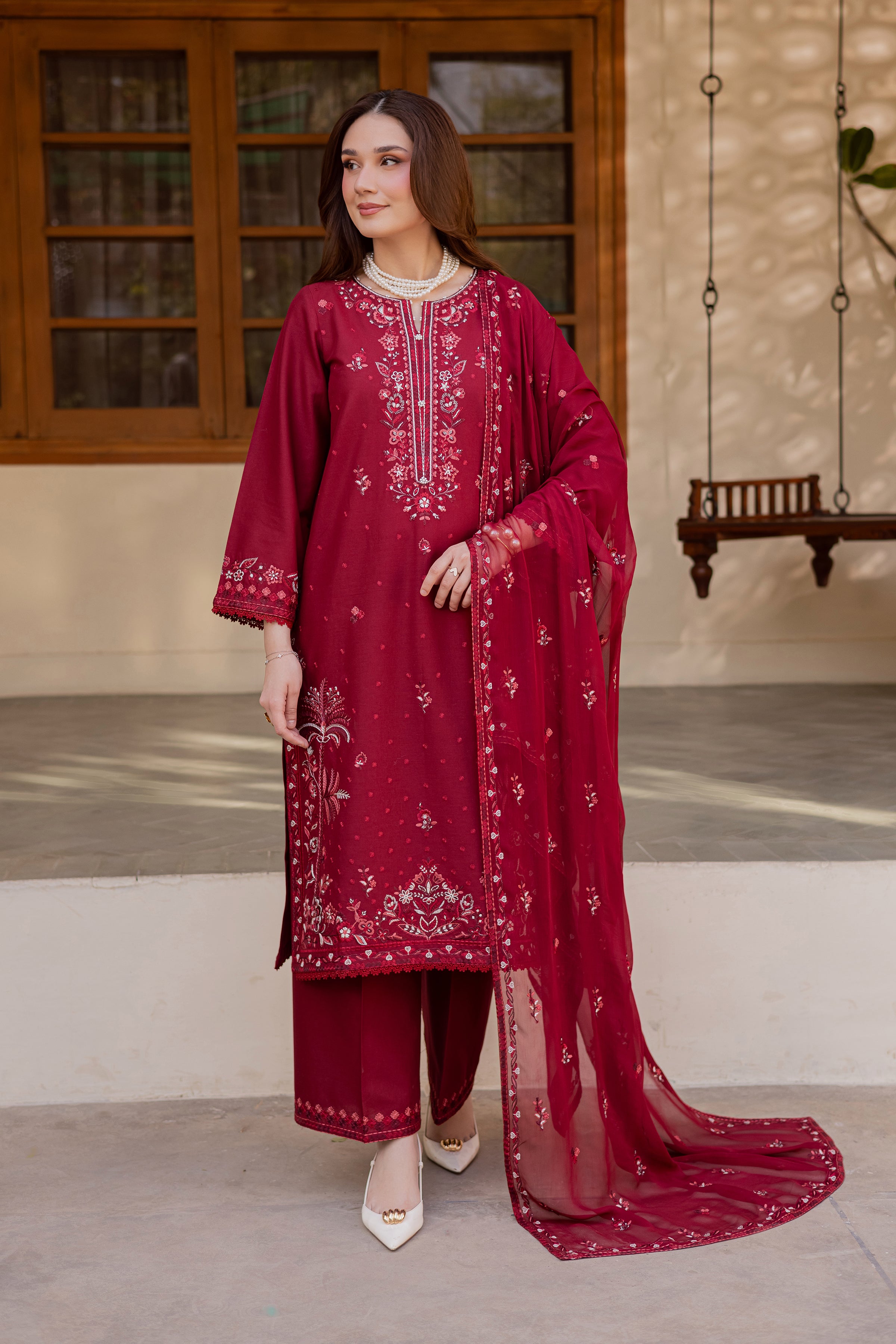 Red Coast 3Pc - Embroidered Khaddar Dress BATIK WINTER PRET 2025 BATIK XS / Tyrian / Khaddar-S / Tyrian / Khaddar-M / Tyrian / Khaddar-L / Tyrian / Khaddar-XL / Tyrian / Khaddar