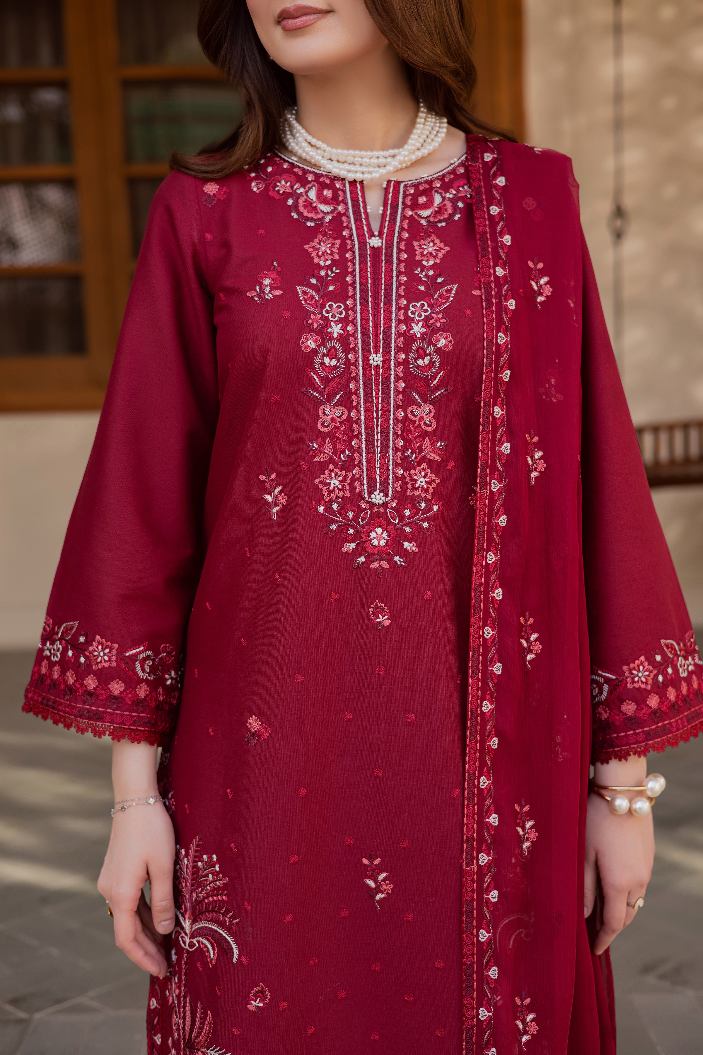 Red Coast 3Pc - Embroidered Khaddar Dress BATIK WINTER PRET 2025 BATIK XS / Tyrian / Khaddar-S / Tyrian / Khaddar-M / Tyrian / Khaddar-L / Tyrian / Khaddar-XL / Tyrian / Khaddar