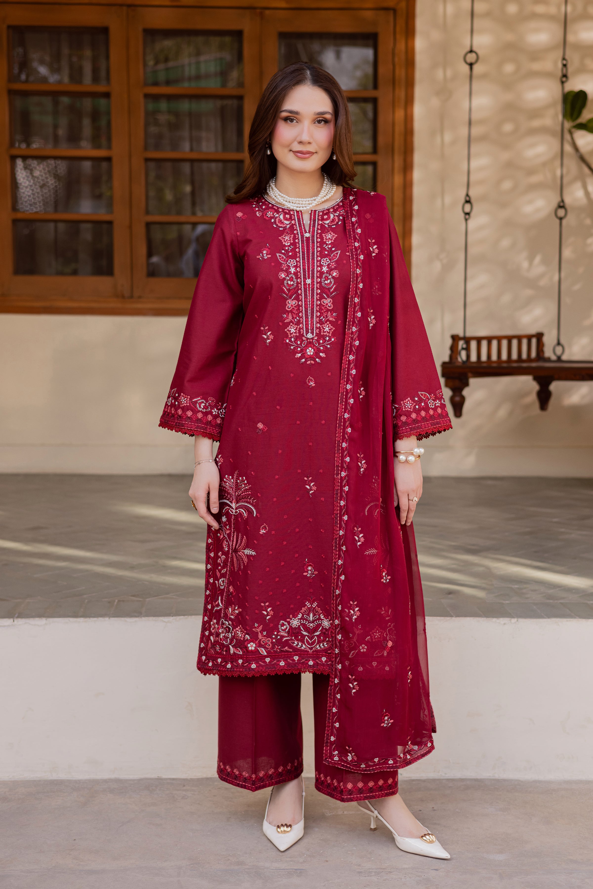 Red Coast 3Pc - Embroidered Khaddar Dress BATIK WINTER PRET 2025 BATIK XS / Tyrian / Khaddar-S / Tyrian / Khaddar-M / Tyrian / Khaddar-L / Tyrian / Khaddar-XL / Tyrian / Khaddar